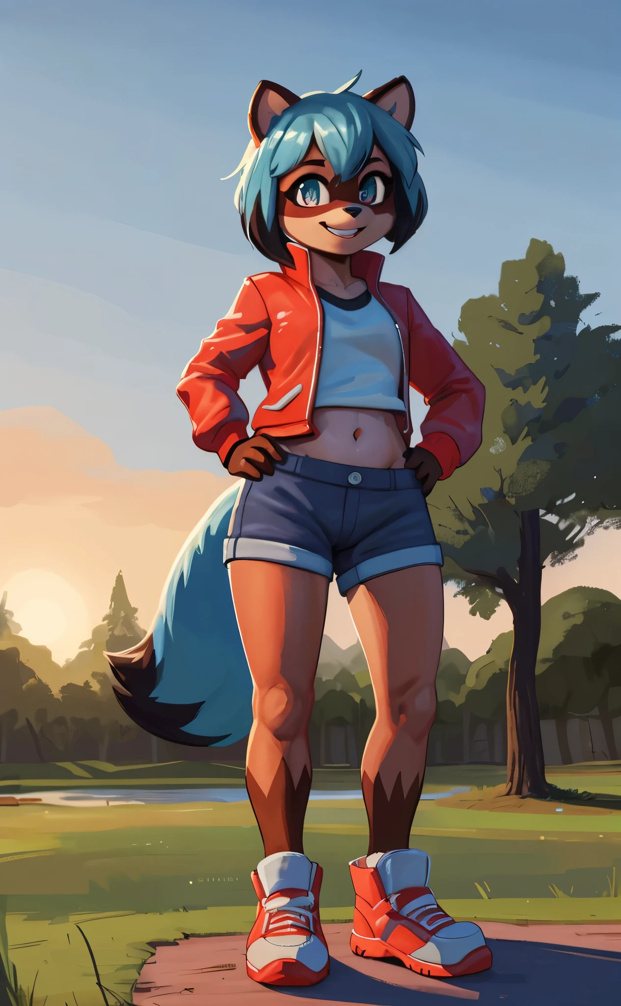 [michiru kagemori], [Uploaded to e621.net; (Pixelsketcher), (wamudraws)], ((masterpiece)), ((HD)), ((highres)), ((solo portrait)), ((full body)), ((front view)), ((feet visible)), ((furry; anthro)), ((detailed fur)), ((detailed shading)), ((beautiful render art)), ((intricate details)), {anthro raccoon girl; brown fur, black nose, (cute dark-teal eyes), (short eyelashes), (fluffy blue tail), (short blue hair), (two toned hair), (black tips on hair), (curvy hips), (beautiful legs), (blushing), (cute excited grin)}, {(grey tee shirt), (navel), (red jacket), (blue short shorts), (white and red sneakers)}, {(standing), (hands on hips), (looking at viewer)}, [background; (park), (trees), (beaten path), (clouds in sky), (blue sky), (sun rays), (ambient lighting)]
