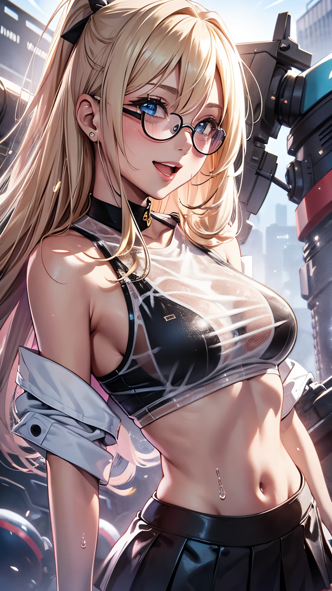 1 female,golden hair,25 years old,(((Blue shiny micro tight skirt)))((white tank top))(((blush cheeks、open mouth smile)),(((straight hair))),(((Portrait))),crowd,,(wet with sweat)(Sexy black bra with see-through tank top)(glasses)(((small breasts)))