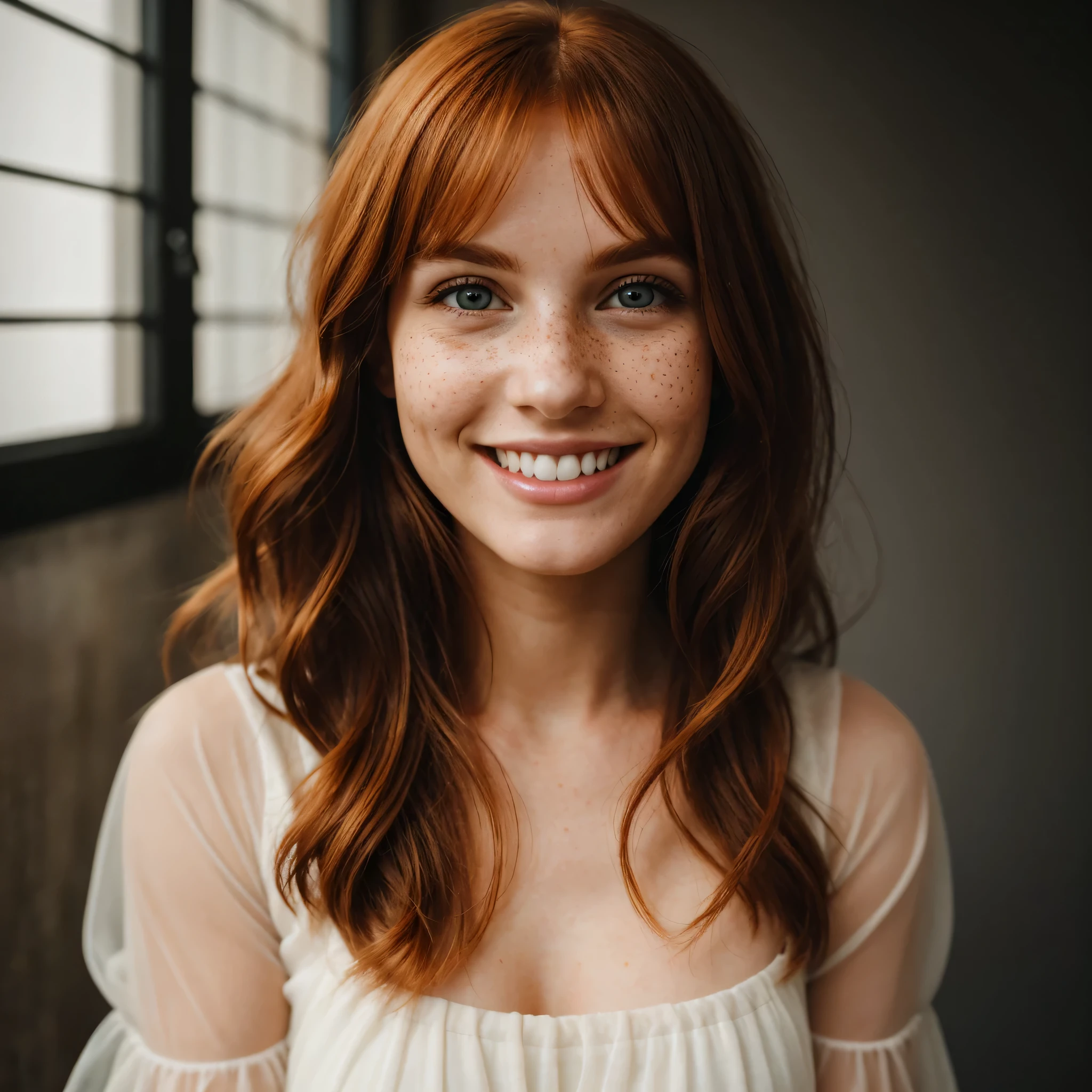 beautiful average looking woman, smiling, white teeth, dress, (looking at the camera:1.4), (highest quality), (best shadow), intricate details, interior, ginger hair:1.3, dark studio, muted colors, freckles