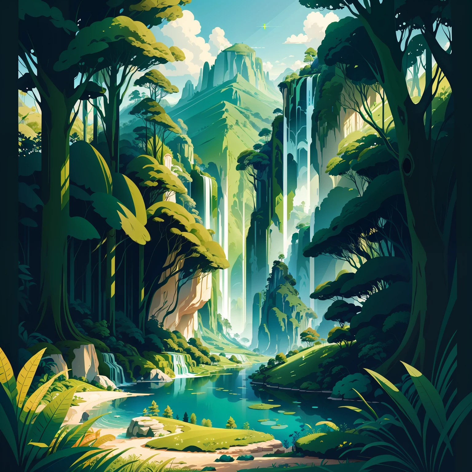 earth day poster, flat illustration beautiful green nature landscape blue, green, yellow, background, bright colors, chiaroscuro, Ultra high definition, 4k, flat illustration vector art sharp focus (gigapixel) ((masterpiece)) summer sunshine