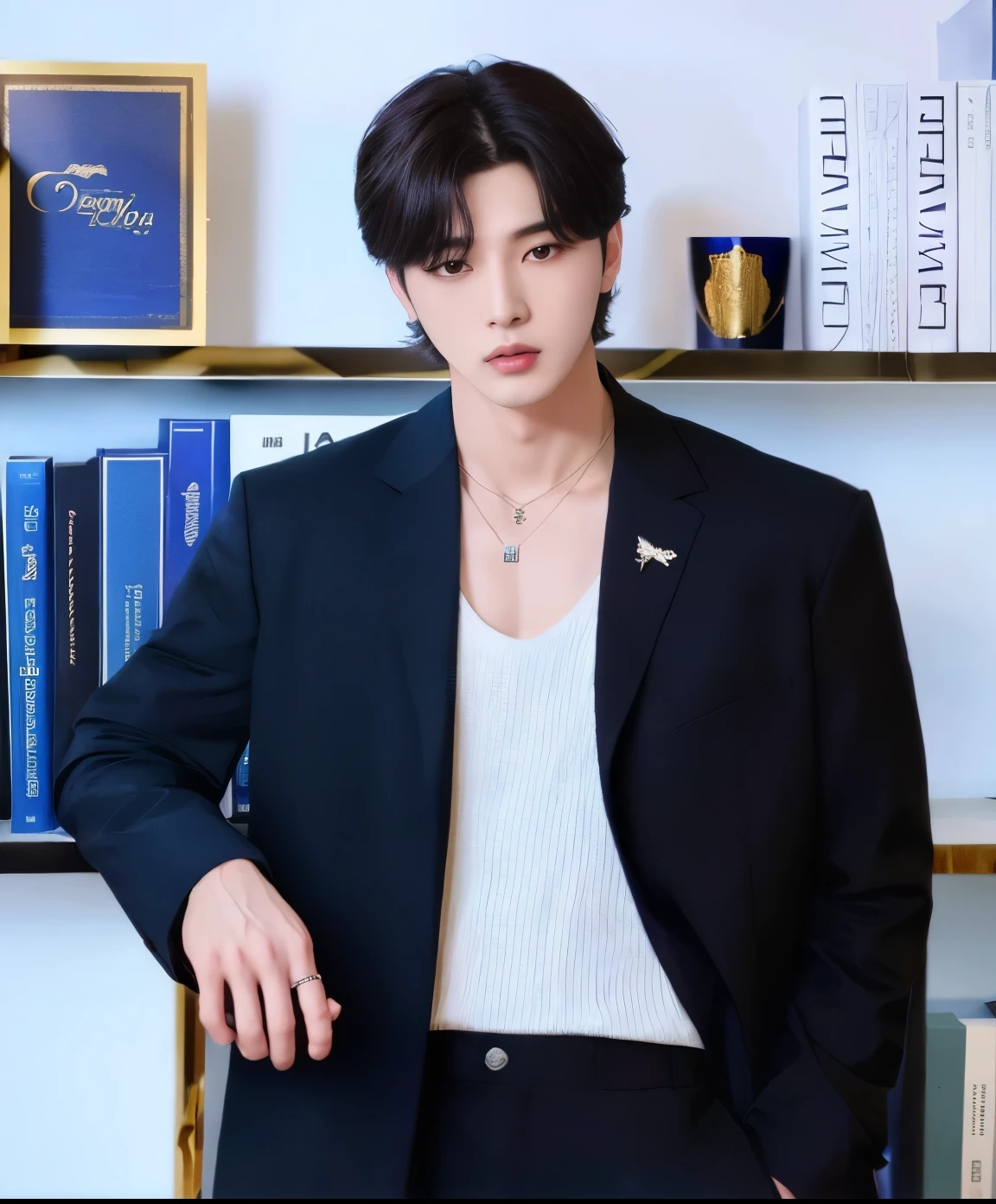 there is a man in a black suit standing in front of a bookshelf, cai xukun, Jung Jaehyun, inspirado em Zhang Han, Jinyoung Shin, hyung tae, Kim Doyoung, Wonbin Lee, handsome androgynous prince, taejune kim, delicate androgynous prince, who is siwoo, Yanjun Chengt, sakimichan, handsome prince, eunwoo, Cha Eunwoo, Astro, Cha Eunwoo Astro