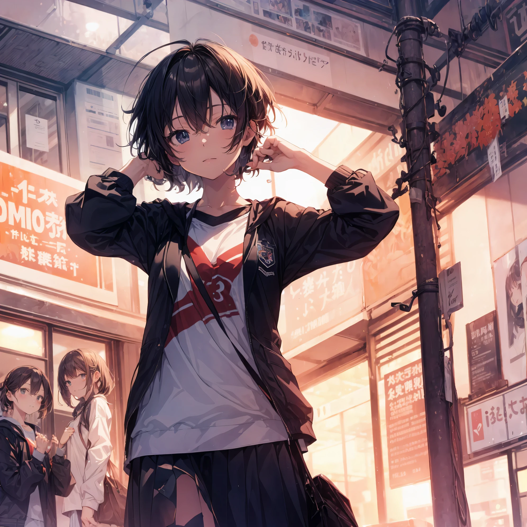 Super high quality by the art god, Super detailed, High resolution, Shinkai Makoto style, anime moe art style, best anime 8k konachan wallpaper, pixiv contest winner, perfect anatomy, break,(眠そうにalone学校へ行く女の子を描いてください. ),break, surreal high school girl, (alone,change,child,13 years old:1.3),complete limbs, full finger,Middle school students, androgynous charm, (extra very short hair), messy hair, flat and soft chest, small ass, between legs, small eyes,Detailed and beautiful black eyes, Well-proportioned iris and pupils, disgusted eye, High resolutionの詳細な髪, school uniform, skirt,  On the way to school. break,super dense skin, Best lighting by famous artists, 8k, illustration,
