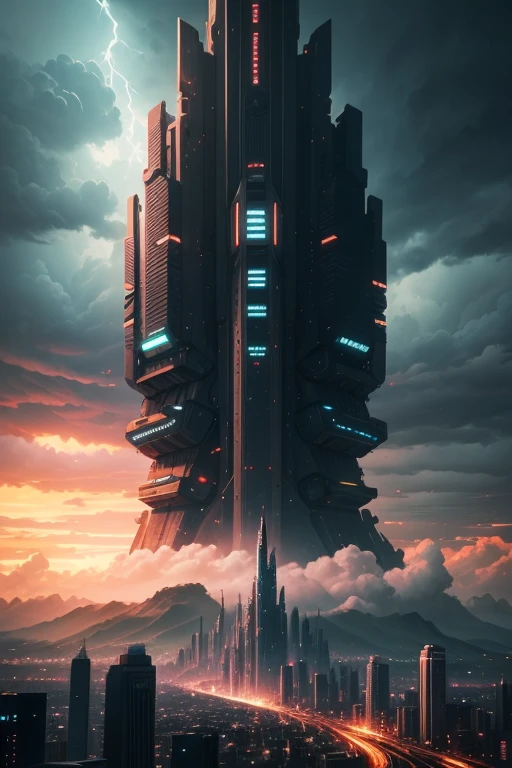 scifi city surrounded by storm clouds at sunset (retrotide:1)