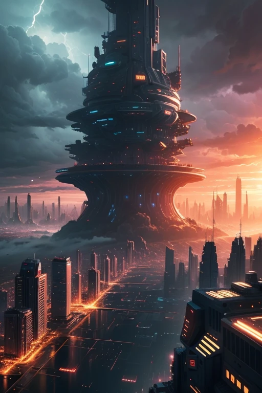 scifi city surrounded by storm clouds at sunset  (retrotide:1)