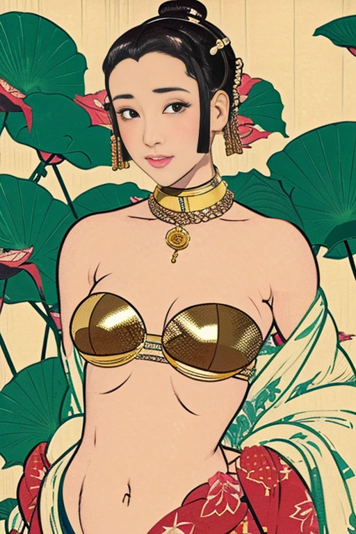 Ukiyoe illustration, princess Leia, sensual female, wearing gold brassiere, long loincloth, tiara, (((lotus poison))), (((chignon hair))), small bust, narrow waist, thin abs, (((ukiyoe art style))), (((art by Utamaro)))