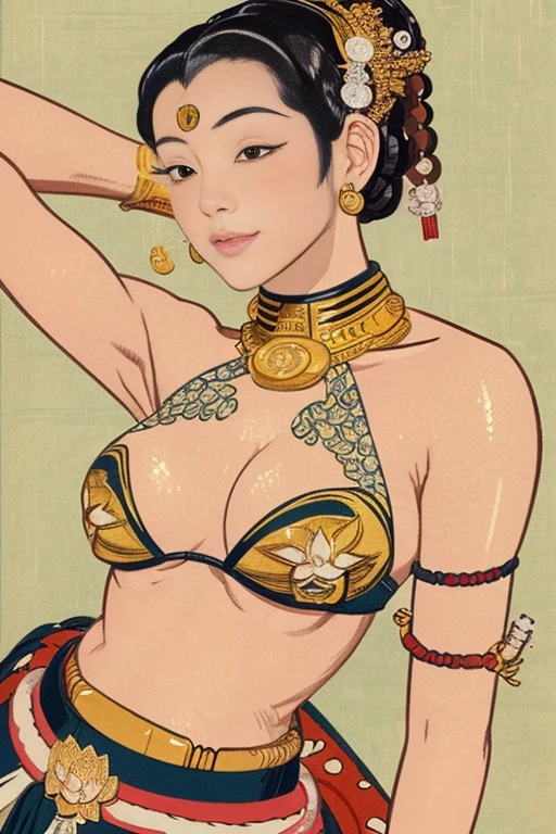 Ukiyoe illustration, princess Leia, sensual female, wearing gold brassiere, long loincloth, tiara, (((lotus poison))), (((chignon hair))), small bust, narrow waist, thin abs, (((ukiyoe art style))), (((art by Utamaro)))