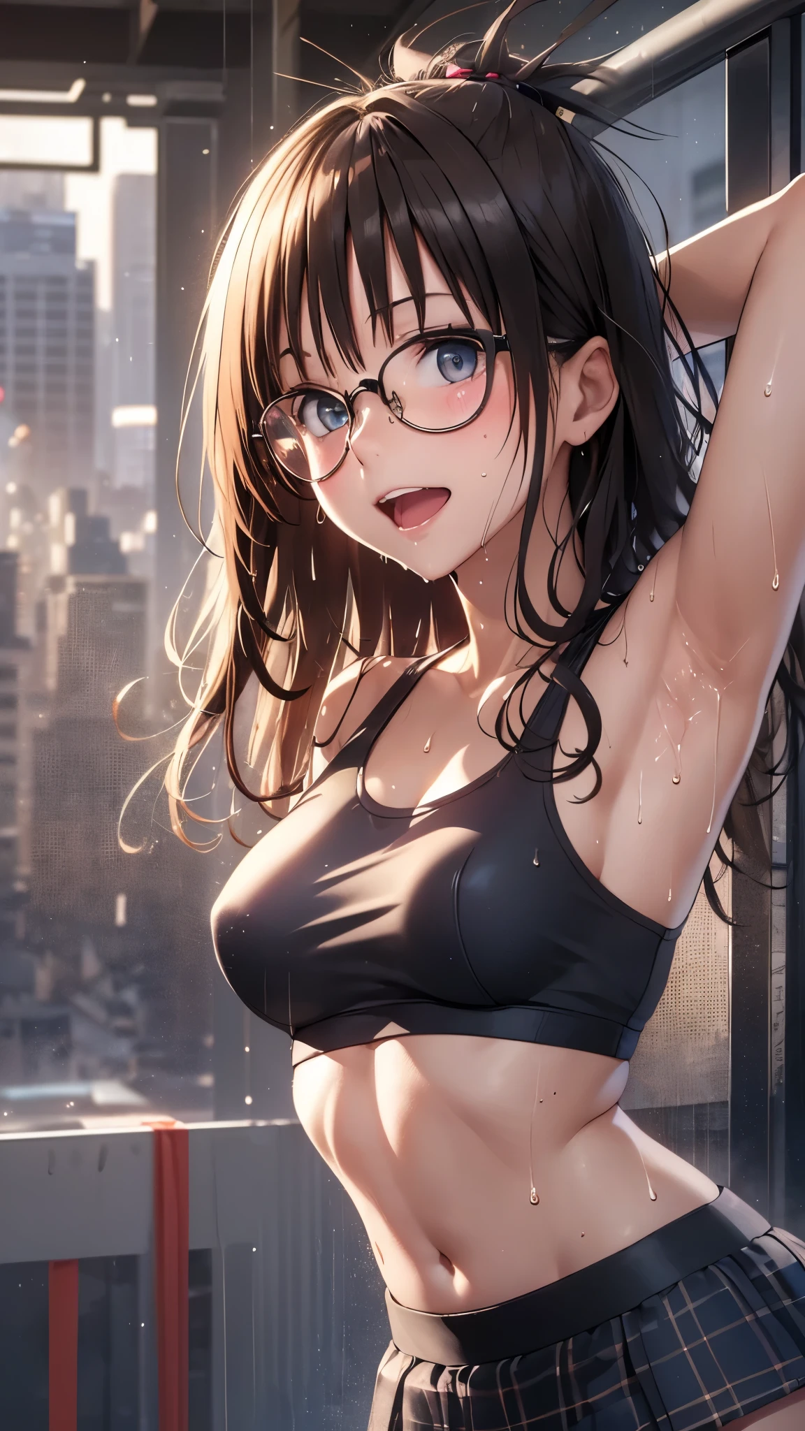 1 female,golden hair,************,(((blue shiny micro tight skirt)))((white tank top))(((blush、open mouth smile)),(((straight hair))),(((portrait))),crowd,,((wet with sweat))(sexy black bra and see-through tank top)(Glasses)(((small breasts)))