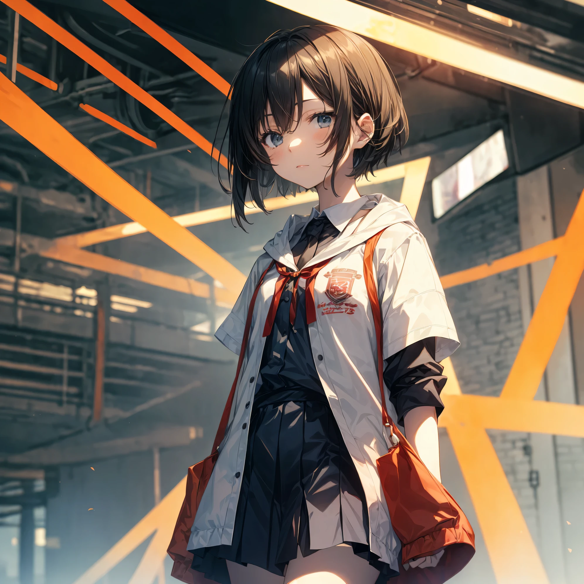 Super high quality by the art god, Super detailed, High resolution, Shinkai Makoto style, anime moe art style, best anime 8k konachan wallpaper, pixiv contest winner, perfect anatomy, break,(眠そうにalone学校へ行く女の子を描いてください. ),break, surreal high school girl, (alone,change,child,:1.3),complete limbs, full finger,Middle school students, androgynous charm, (extra very short hair), messy hair, flat and soft chest, small ass, between legs, small eyes,Detailed and beautiful black eyes, Well-proportioned iris and pupils, disgusted eye, High resolutionの詳細な髪, school uniform, skirt, On the way to school. break,super dense skin, Best lighting by famous artists, 8k, illustration,