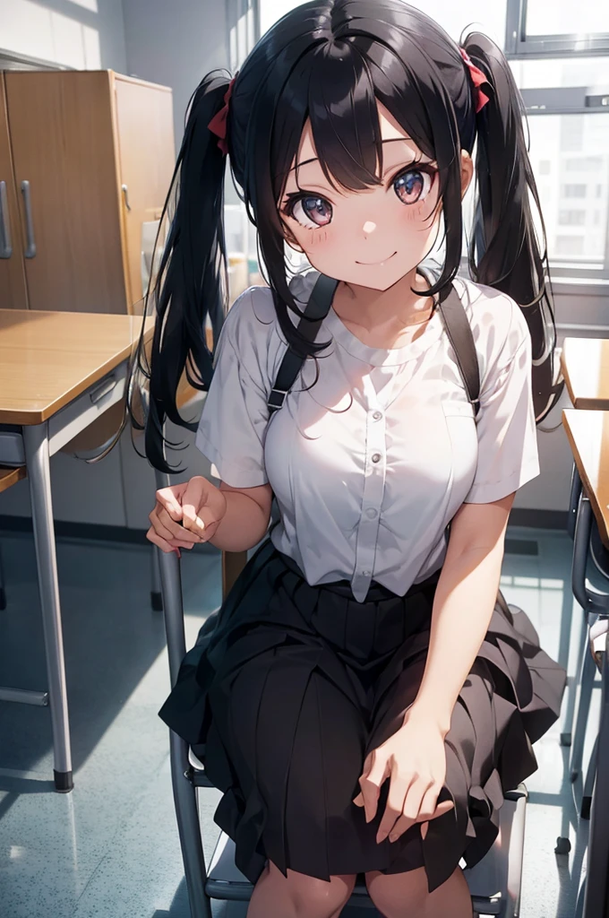 black hair twintails、school classroom、sitting in a chair、smile、Sparkling、High resolution、high resolution