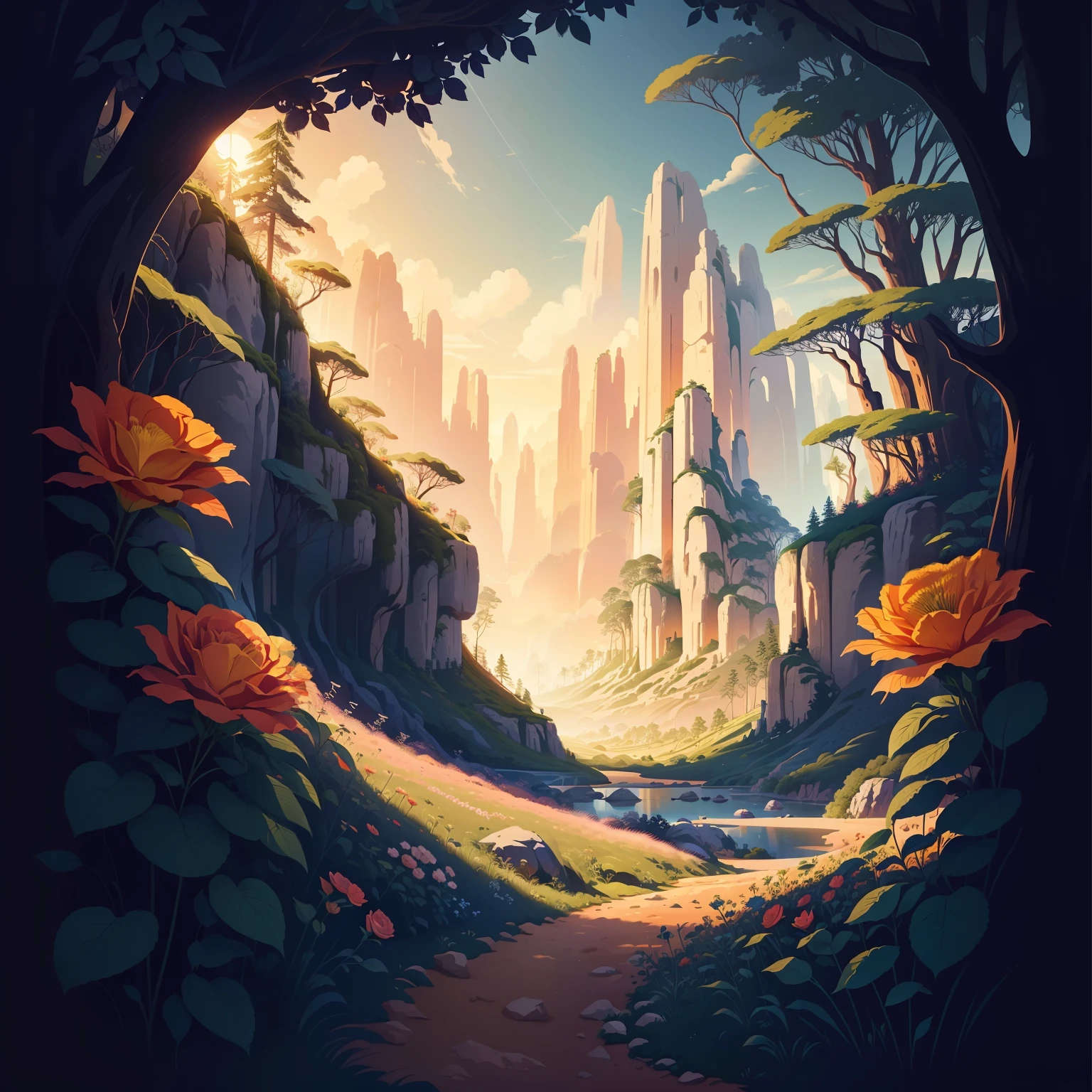 earth day poster, flat illustration landscape huge nature background, bright colors, chiaroscuro, Ultra high definition, 4k, flat illustration vector art sharp focus (gigapixel) ((masterpiece)) many wild roses々flower