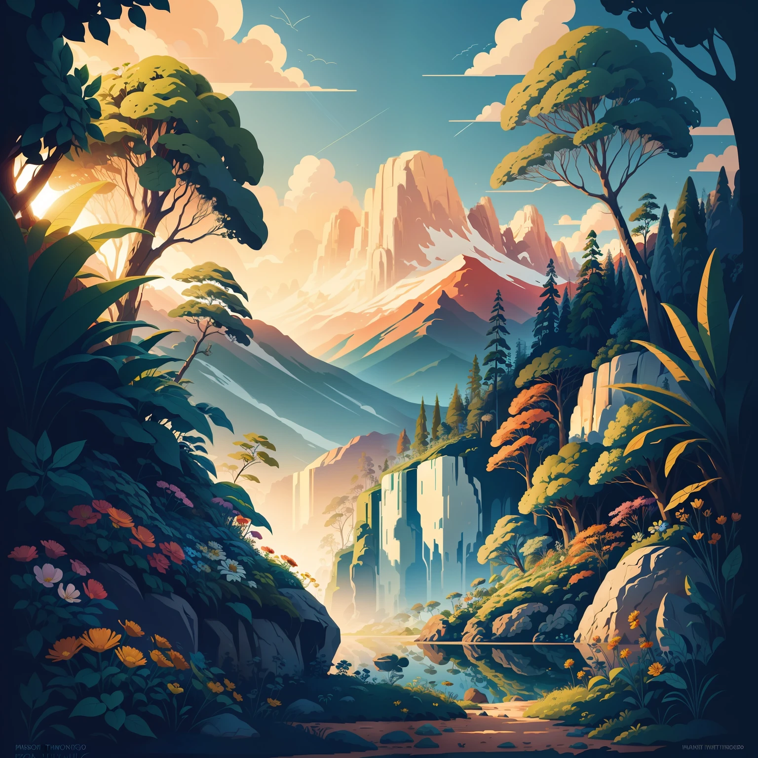 earth day poster, flat illustration landscape huge nature background, bright colors, chiaroscuro, Ultra high definition, 4k, flat illustration vector art sharp focus (gigapixel) ((masterpiece)) many wild things々flower plant