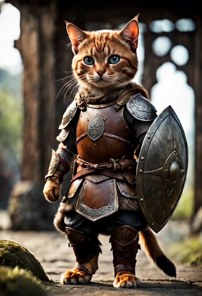 cinematic film still awardwinning photo cute cat, rust, epic, viking knotwork, wearing armor and shield, full body . shallow depth of field, vignette, highly detailed, high budget, bokeh . shallow depth of field, vignette, highly detailed, high budget, bokeh, cinemascope, moody, epic, gorgeous, film grain, grainy