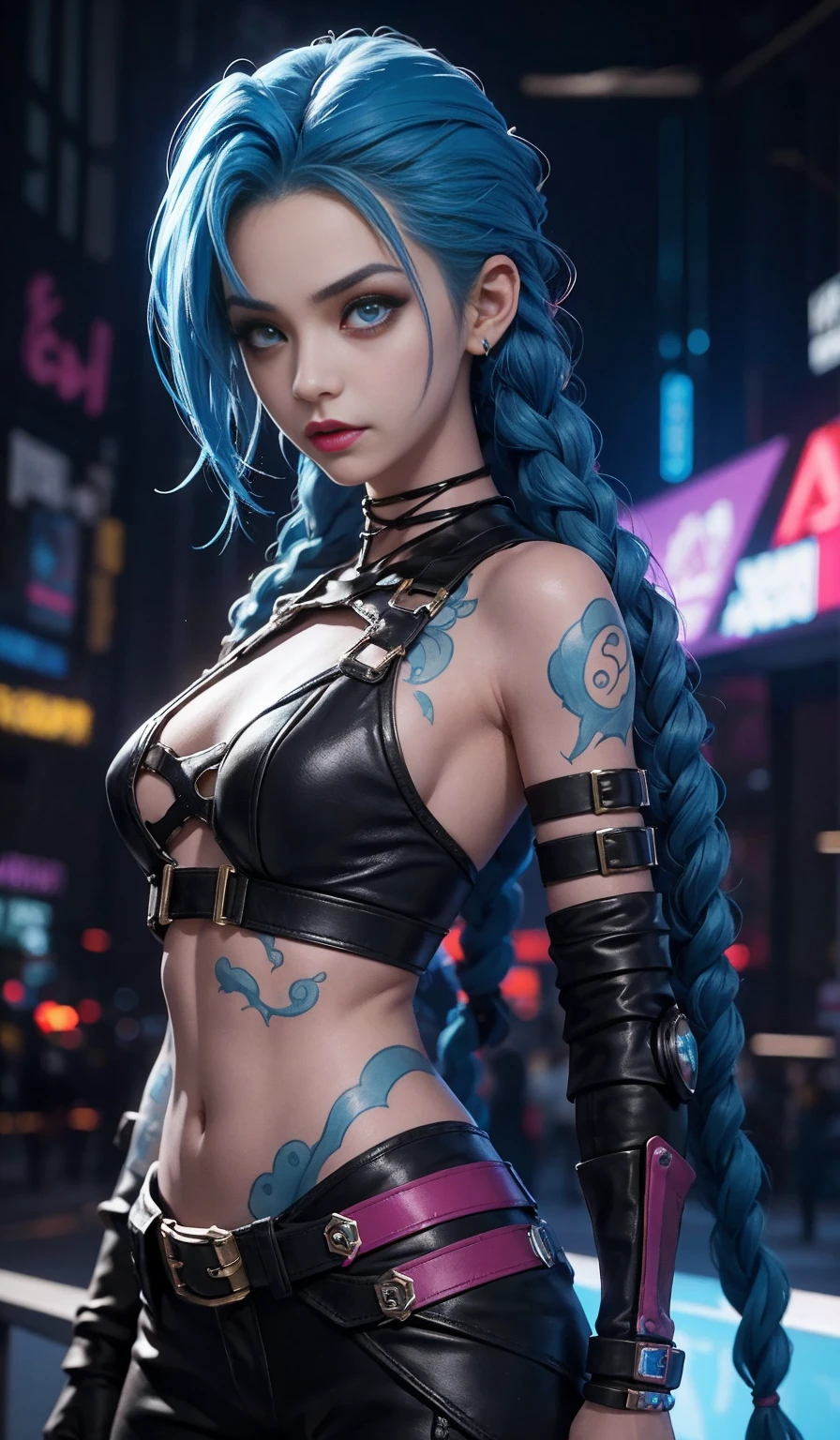 jinx arcano, uma mulher com cabelo azul e tatuagens, mulher cyberpunk mulher anime, pants, Deusa cyberpunk raivosa bonita, estilo de arte cyberpunk, arte digital de anime cyberpunk, arte de anime cyberpunk, Arcane Jinx Retrato, arte de anime cyberpunk, arte com tema cyberpunk, cyberpunk fantasia sombria, estilo arcano, 1 garota, cloud tattoo on the arm, asymmetrical bangs, franja, cabelo azul, blue braids, camisa marrom, tatuagem de nuvem, lateralmente, cabelo azul, cabelo longo, olhos cor de rosa, Red lips, standing , tatuagem de nuvem, twin braids. azarar de arcano. azarar. azarar, Arcane \(Liga das Lendas\
