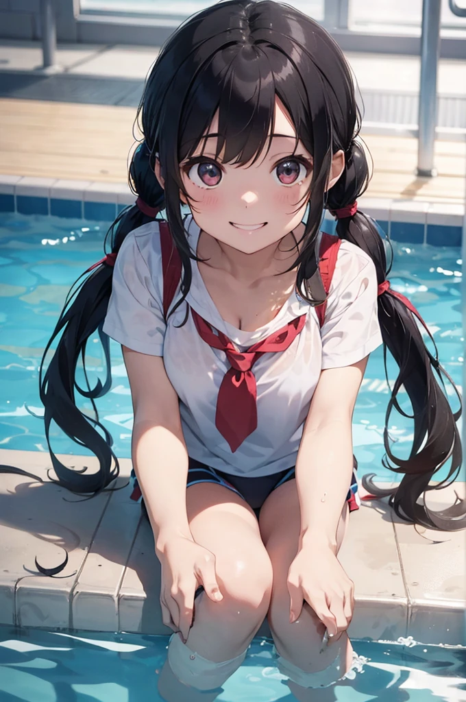 school pool、During swimming class、black hair twintails、baby face、beautiful girl、smile、キラキラしたsmile、High resolution、high resolution