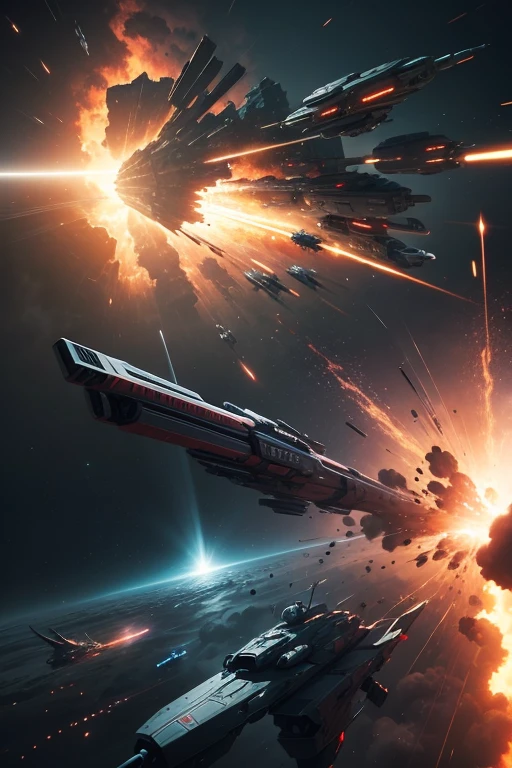 Cinematic battle space scene with gunfire, explosions, spatial ships, destruction and volumetric lighting. Very detailed.)