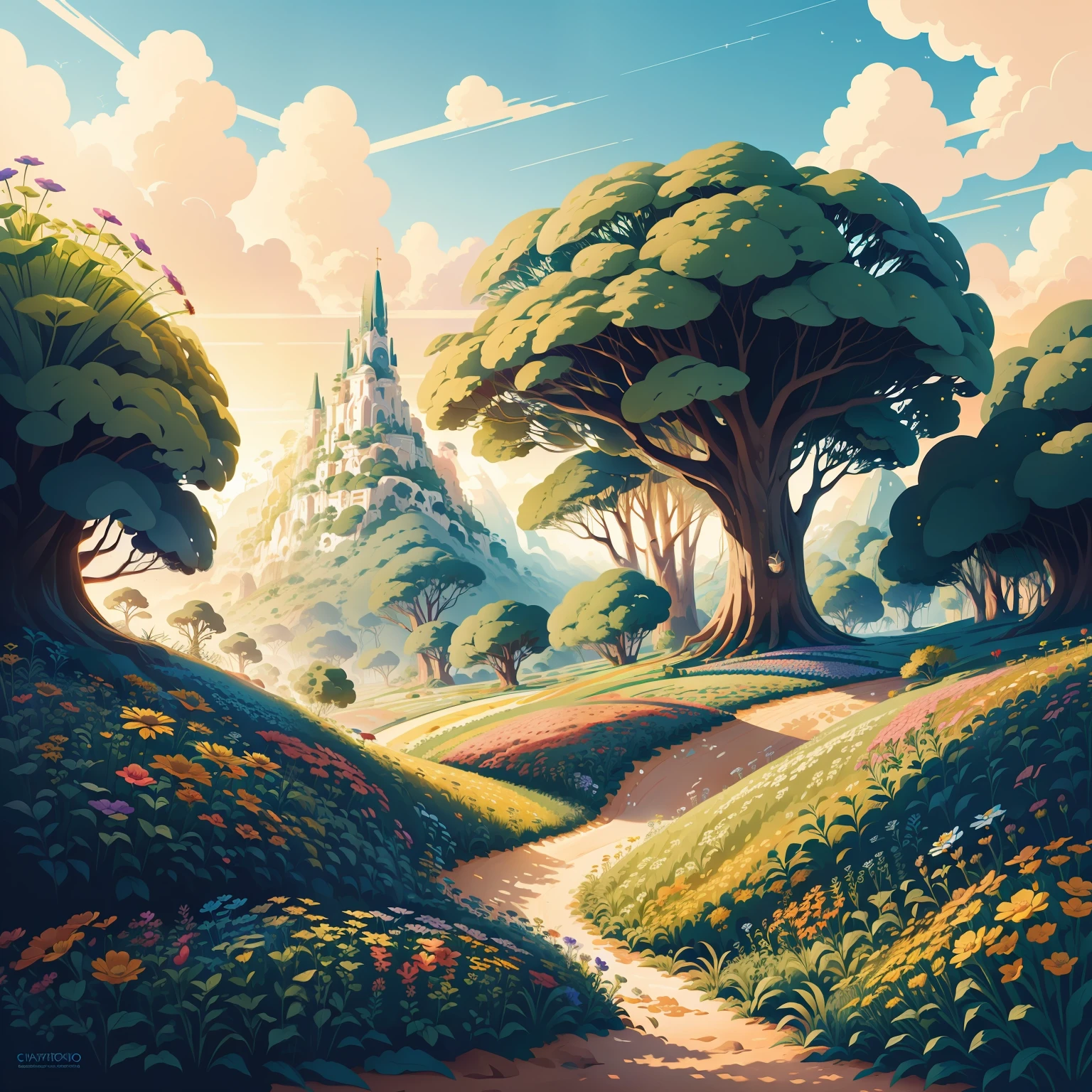 earth day poster, disney flat illustration landscape huge nature flower field ackground, bright colors, chiaroscuro, Ultra high definition, 4k, flat illustration vector art sharp focus (gigapixel)  ((masterpiece)) Much of the wild from an ant&#39;s perspective々flower plant