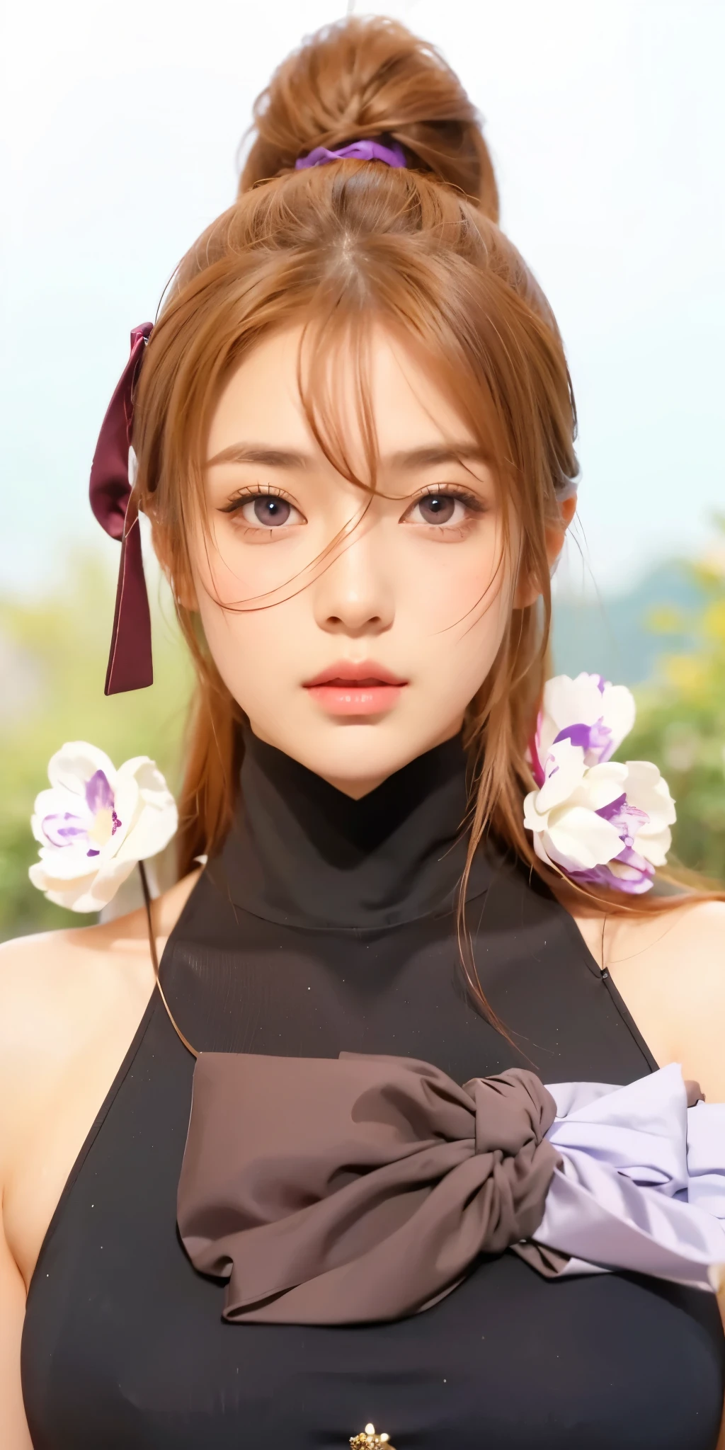 1girl, brown hair, purple eyes, high quality, ultra detailed, masterpiece, realistic, clothes