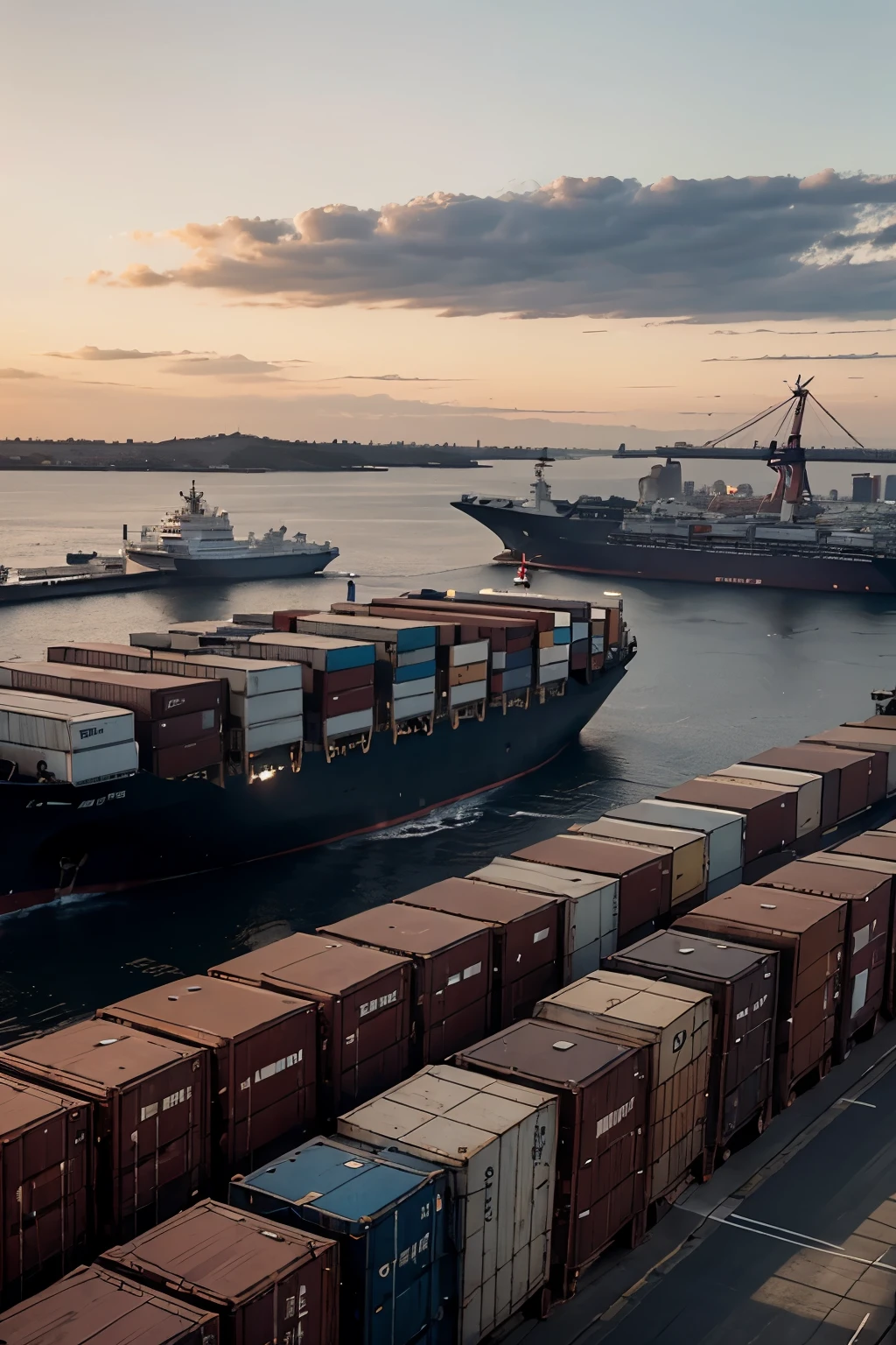 Container car, Sunset image, ship loaded with containers, in the port