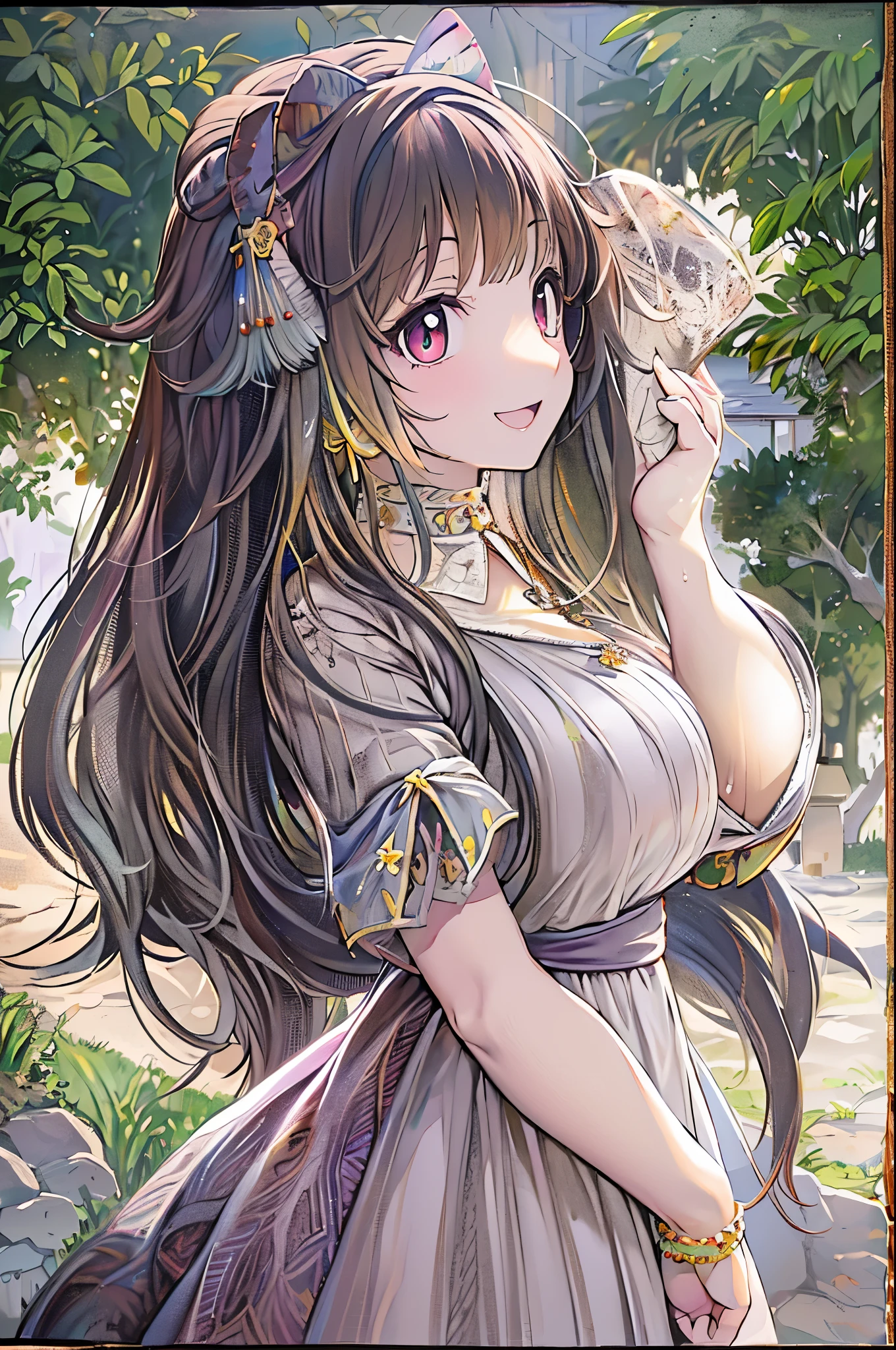 masterpiece, best quality, 1girl, solo, ((mature female)), round pupils, long hair, hair, princess, black dress, fantasy, happy, looking at viewer, cartoon, anime, (oil painting)