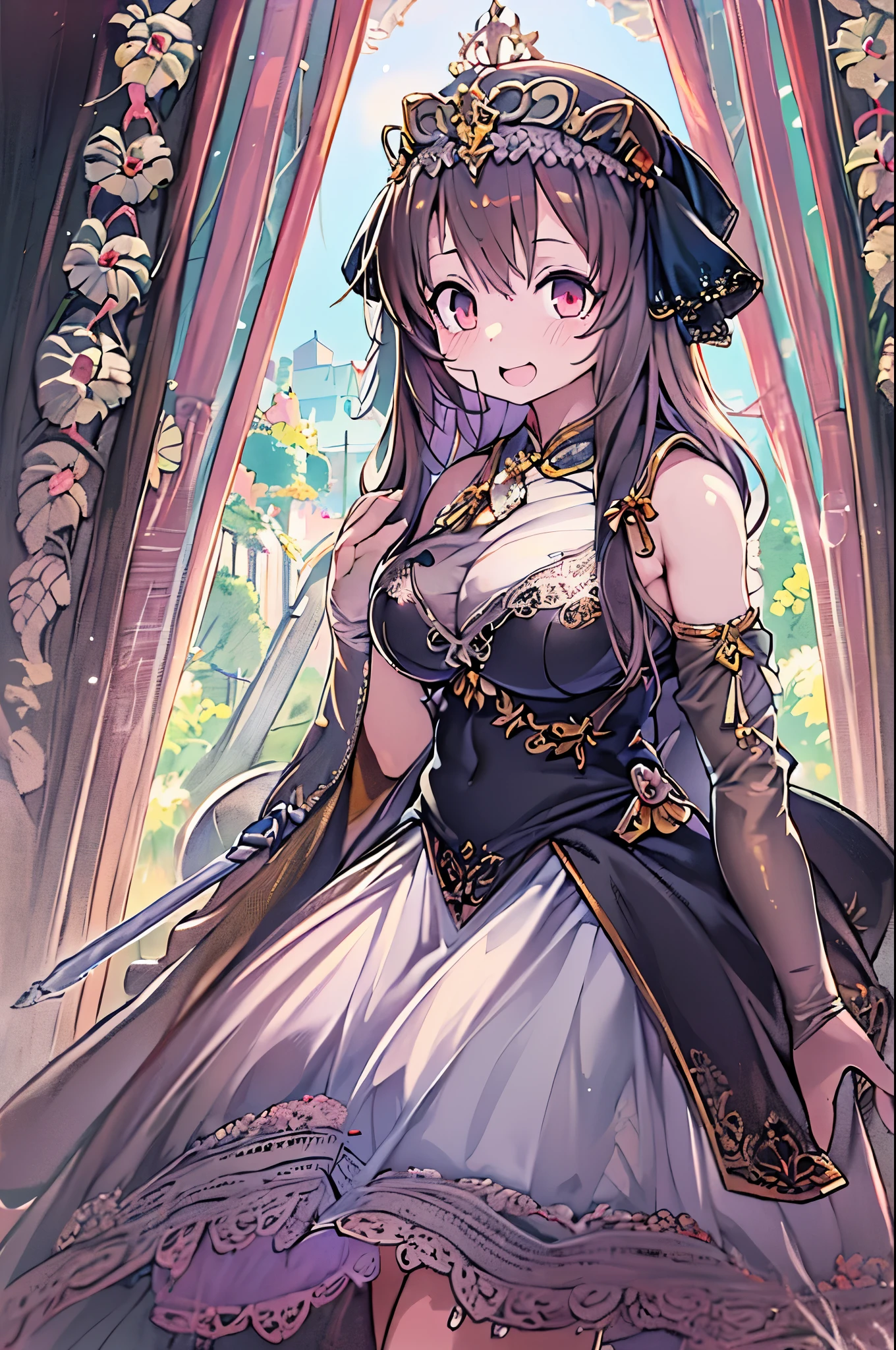 masterpiece, best quality, 1girl, solo, ((mature female)), round pupils, long hair, hair, princess, black dress, fantasy, happy, looking at viewer, cartoon, anime, (oil painting)