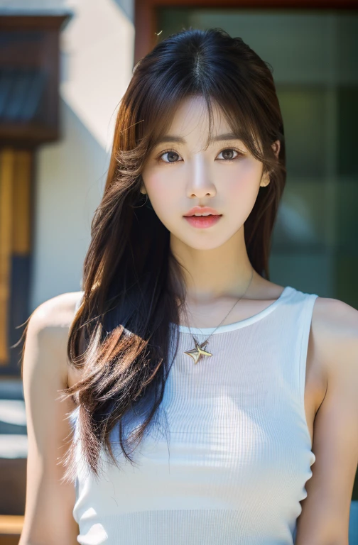 (1 Cute Korean Star) shoulder length hair, light makeup, big chest size, wearing a tank top, clear facial features, 8K high resolution, edgy, realistic detailed.From outside, Eye level shooting, F/4.0, 135mm, FujiFilm, jpeg artiFacts, Dithering, UHD, masterpiece, With my whole body, upper body, correct posture, Future-prooF, facing forward