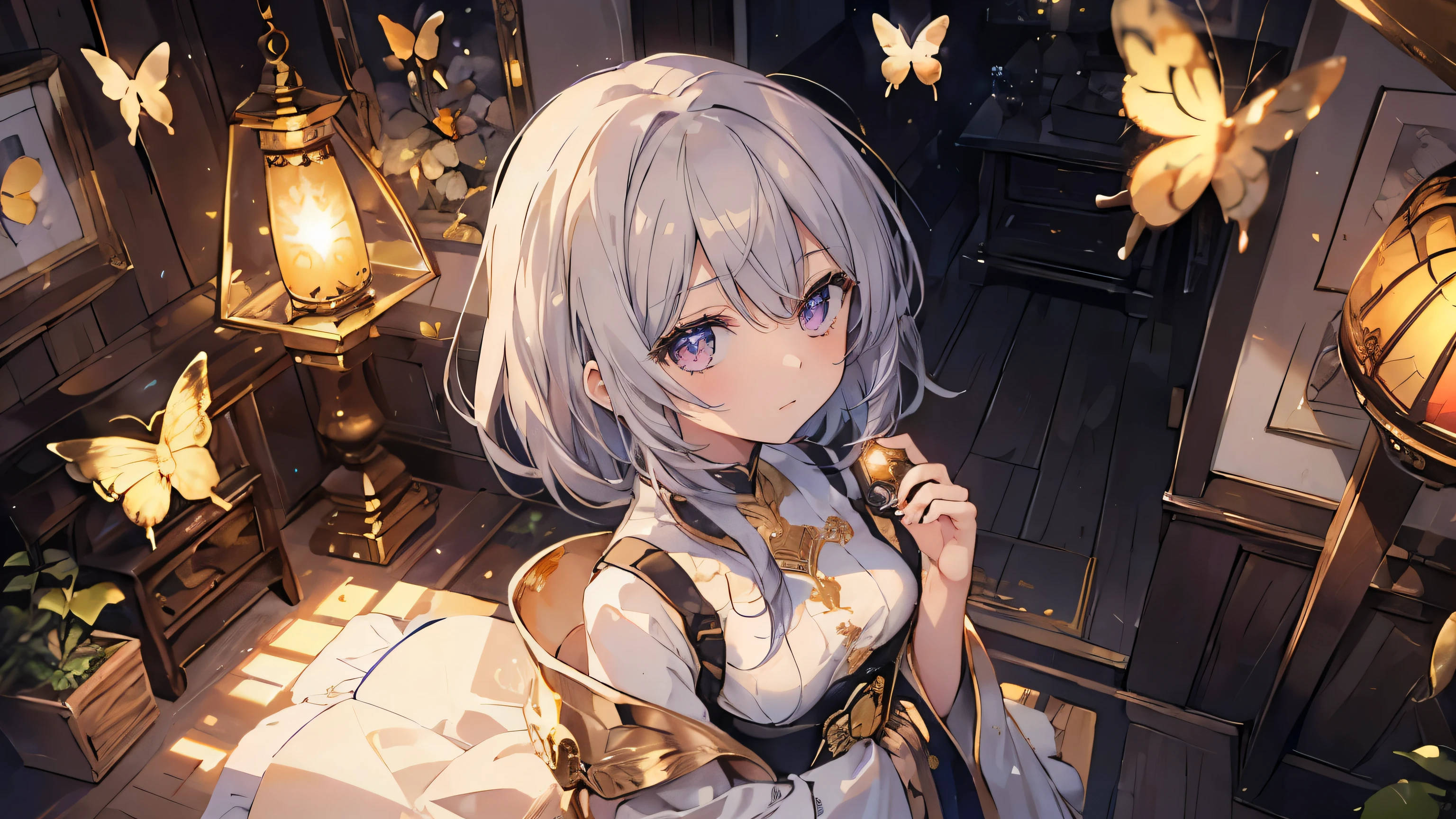 ultra precision,masterpiece, highest quality,(((camera from above))),look at the camera,one beautiful girl,16 year old girl,cute face,(light gray soft hair),medium hair,(purple eyes),slanted eyes,fine eyes,(((cool look))),wear white and black clothes,(embroidered with gold),like a national costume,slender physique,small breasts,(((detailed hand drawing))),beautiful background,wooden interior,lamp light,(((Background with flying golden butterflies))),