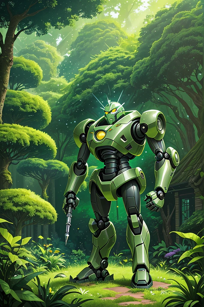 The image features a green and silver robot standing in the midst of a garden lush with greenery. This robot has a robust build and is decorated with prominent yellow eyes. It is at the center of the scene, suggesting a sense of prominence. Surrounding the robot are various plants, steel pipes, and sphere-like silver objects which contribute to the feeling of being in a forest of green plants. Additionally, there is a mention of sunlight and buildings in the background, which gives the image a vibrant and lively atmosphere.