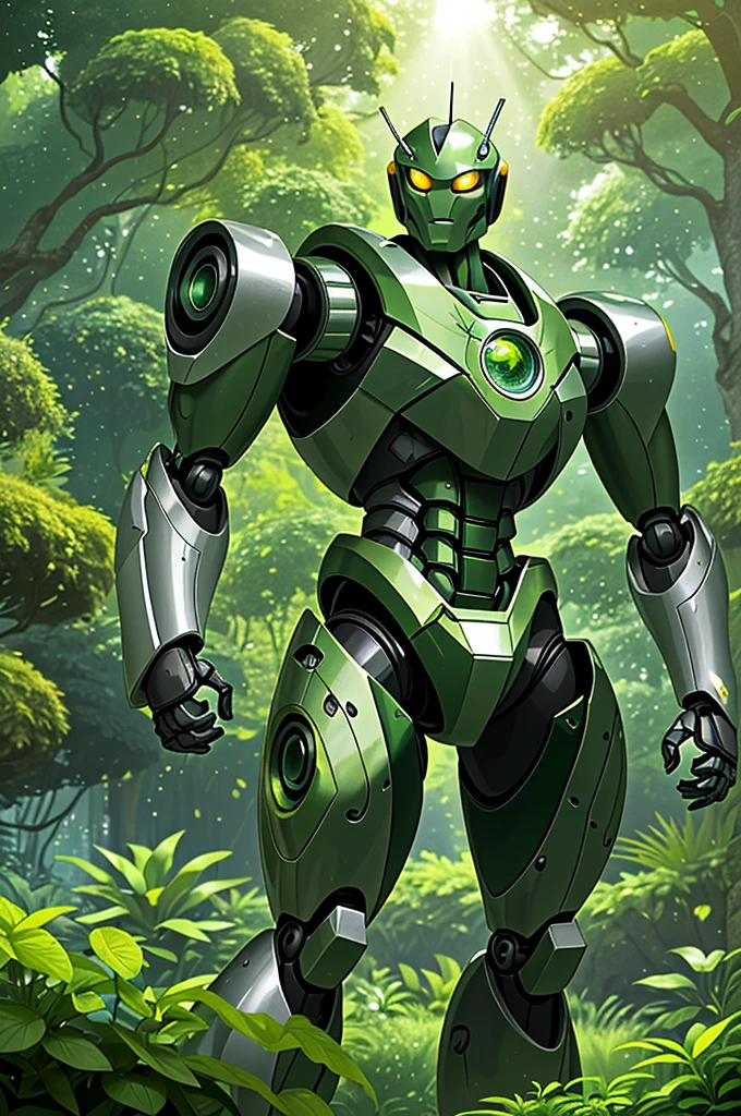 The image features a green and silver robot standing in the midst of a garden lush with greenery. This robot has a robust build and is decorated with prominent yellow eyes. It is at the center of the scene, suggesting a sense of prominence. Surrounding the robot are various plants, steel pipes, and sphere-like silver objects which contribute to the feeling of being in a forest of green plants. Additionally, there is a mention of sunlight and buildings in the background, which gives the image a vibrant and lively atmosphere.