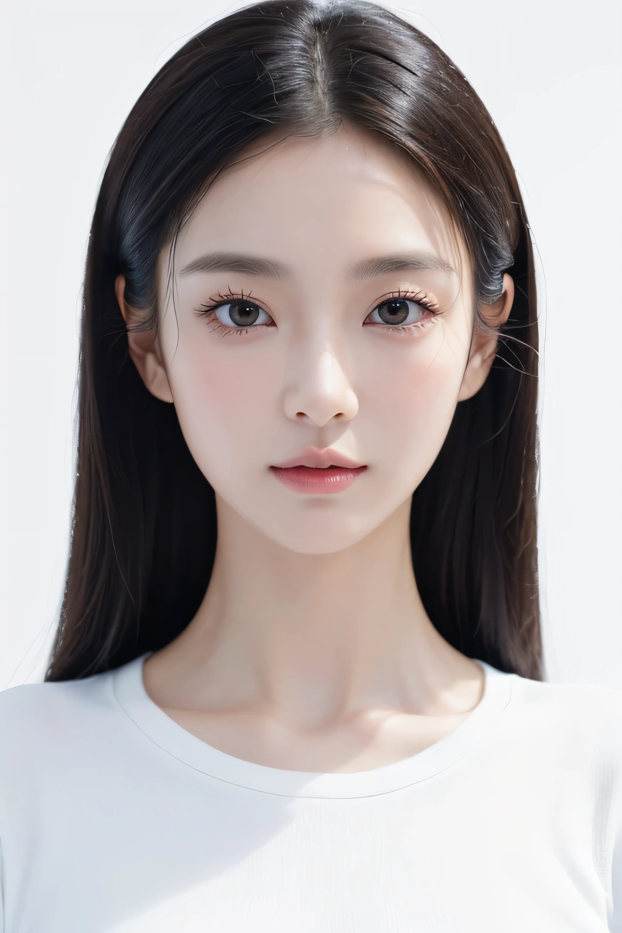 (great masterpiece、quality、High level of image quality)、(Asian、Idol actress、OK、Mature atmosphere)、(a perfect girl,No regrets)、Masterpiece, quality, 8K, (upper part of body:1.4), White shirt, beautiful one girl, alone、Clean face, looking at the audience, a smile, surreal, high resolution, photo, film particles, Color difference, sharp focus, human development report, face lamp, movie lighting, Professional shadow background, (White background:1.4), most detailed, Very detailed, Super detailed, fine details, Genuine skin, Exquisite facial features, Detailed face and eyes, realistic student、Four Courts and Seven Eyes,Soft portrait shots, Eyes clear and symmetrical, accurate face,Standard ID photo composition
