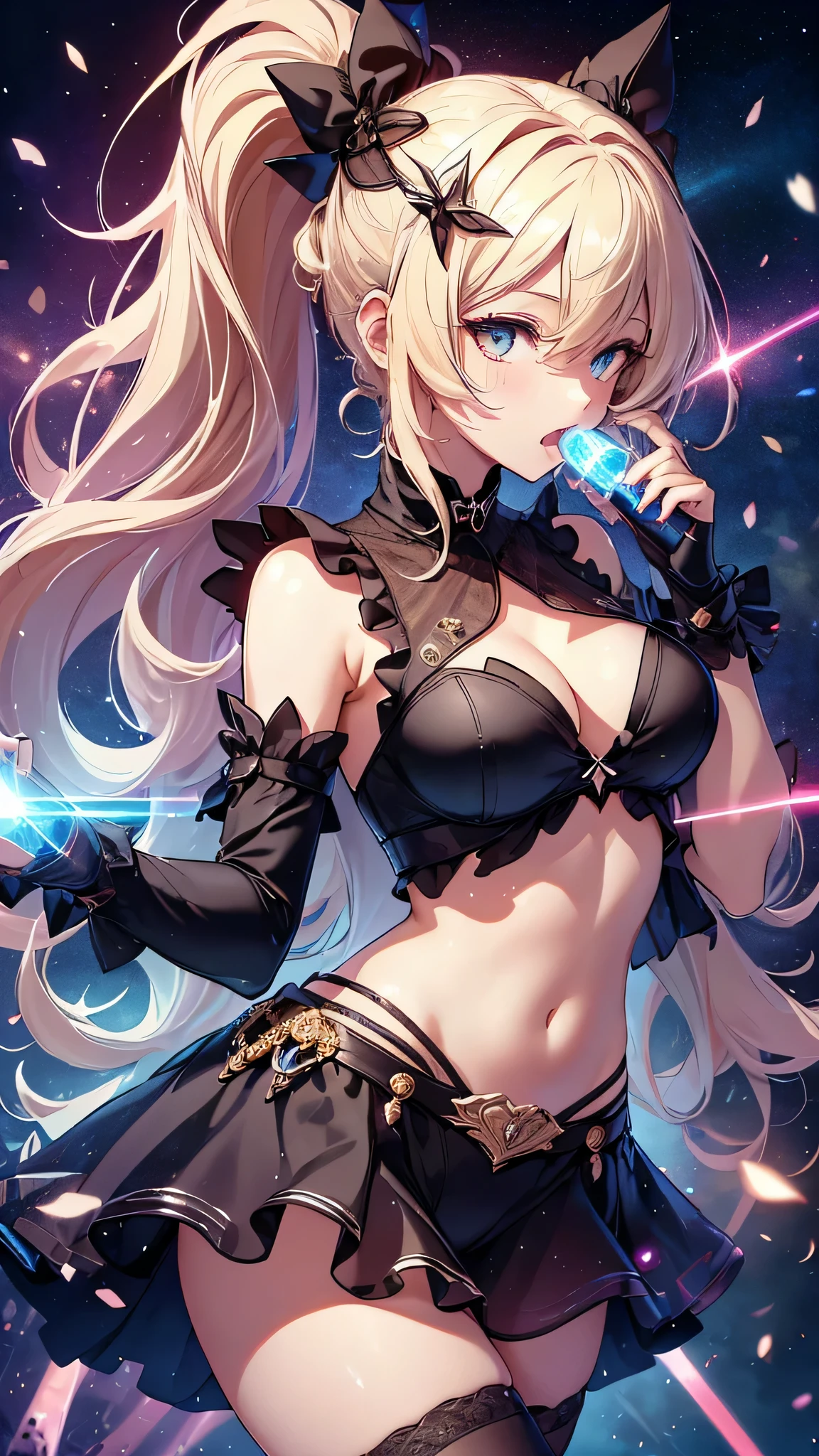 highest quality、Highest image quality、masterpiece、age girl((18-year-old、 Agar、vest bust、medium bust,wide open breast tea、golden eyes, blonde、ponytail、slender,highest valley、black dress、red nail polish、gothic lolihion、vampire teeth、black underwear、open your mouth wide、spinning pose、A posture of leaning forward、cat hair ornament)),high quality、beautiful art、background((night live house、red laser light、blue laser light、random laser points、Virtual space、golden laser beam、purple laser light)),muste piece、Depth of written boundary、movie、visual art、perfect art、