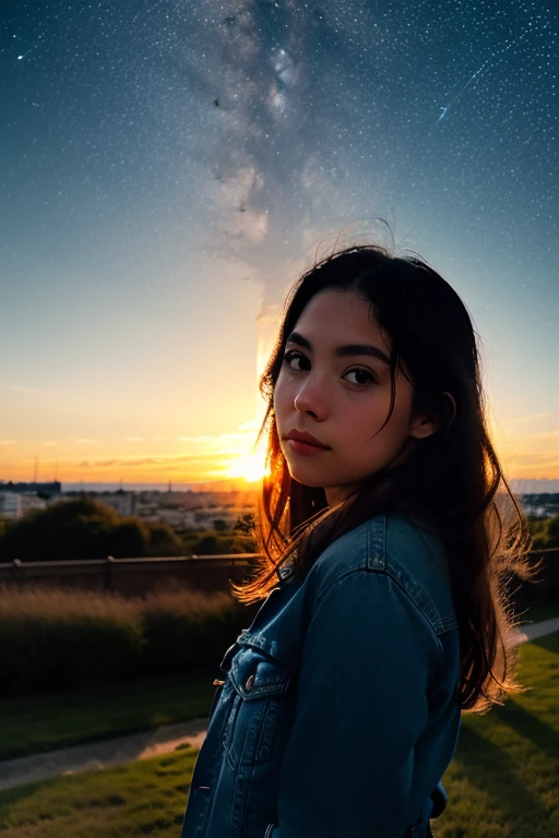 solo, very detailed, detailed face, charlotte_namura, picture of a beautiful girl with long messy hair wearing casual jeans jacket with black pants, outside in a common place, sunset, starry sky, detailed shadowing and lighting, at a party, 3/4 body on the frame