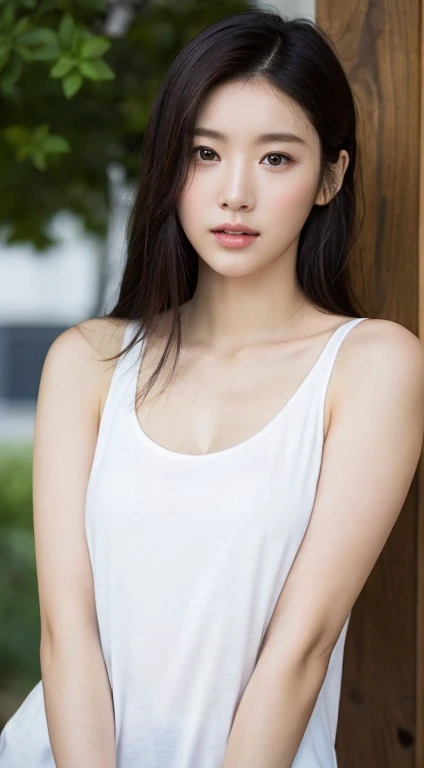 (1 sexy Korean star) shoulder length hair, light makeup, big chest size, wearing a tank top, clear facial features, 8K high resolution, edgy, realistic details.from outside, Eye level shooting, f/4.0, 135mm, Fujifilm, jpeg artifacts, Dithering, UHD, smooth leg line, sexy legs, masterpiece, whole body, upper body, correct posture, Future-proof, Facing Forward