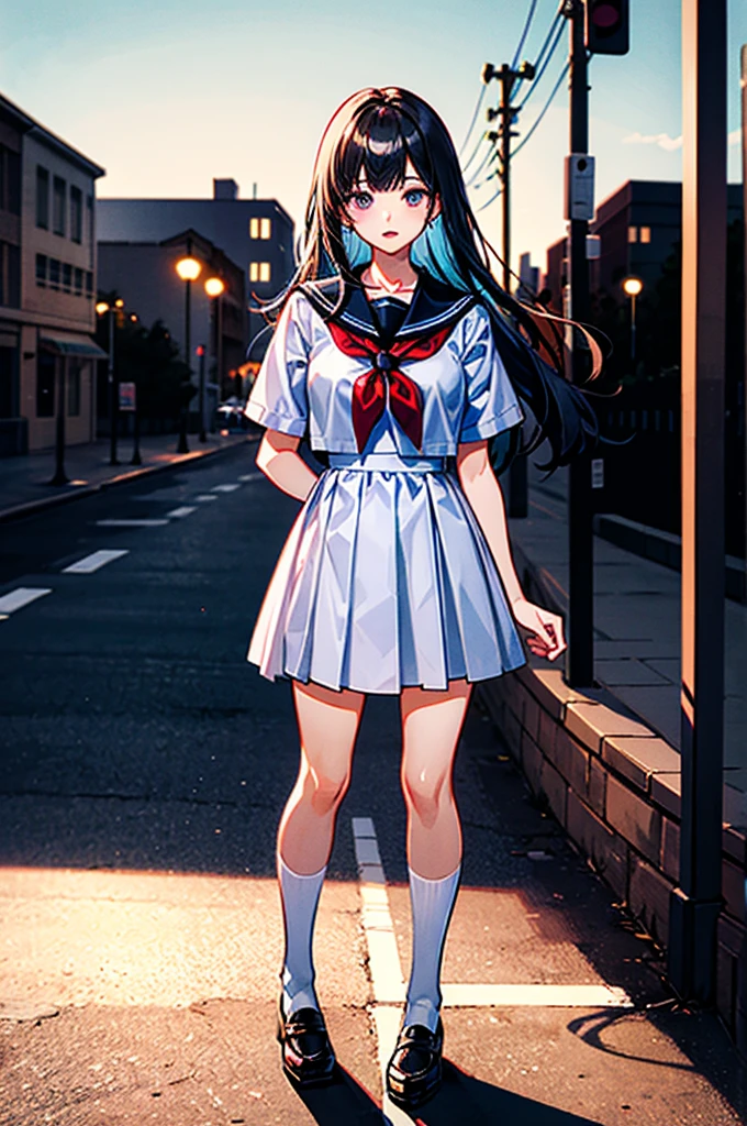 (((masterpiece、Highest image quality、highest quality、highly detailed unity 8kwallpaper)))、((Illustration of one girl))、(((Super tall、3fold、long legs)))、high school girl、sailor suit、street corner