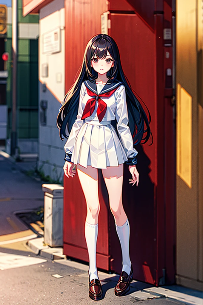 (((masterpiece、Highest image quality、highest quality、highly detailed unity 8kwallpaper)))、((Illustration of one girl))、(((Super tall、3fold、long legs)))、high school girl、sailor suit、street corner