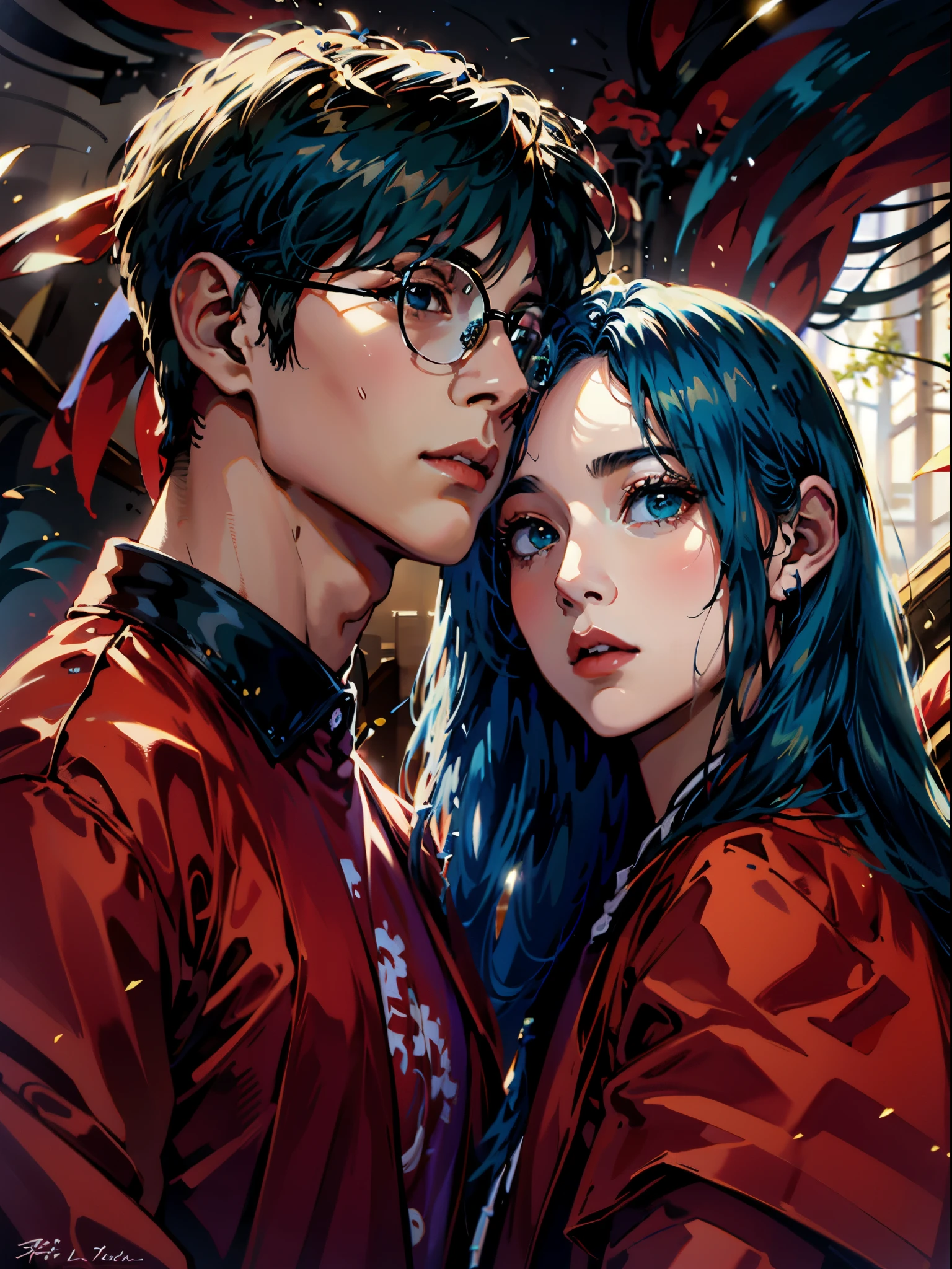 hay un hombre y una mujer (de cabello azul) uno al lado del otro en un bosque, retrato, jinyoung shin, con gafas, artista coreano, retrato de alta calidad, pelo negro largo ondulado y gafas, inspired por jeonseok lee, obra de arte al estilo de guweiz, por jeonseok lee, soft retrato 8 k, jingna zhang, con lentes negros