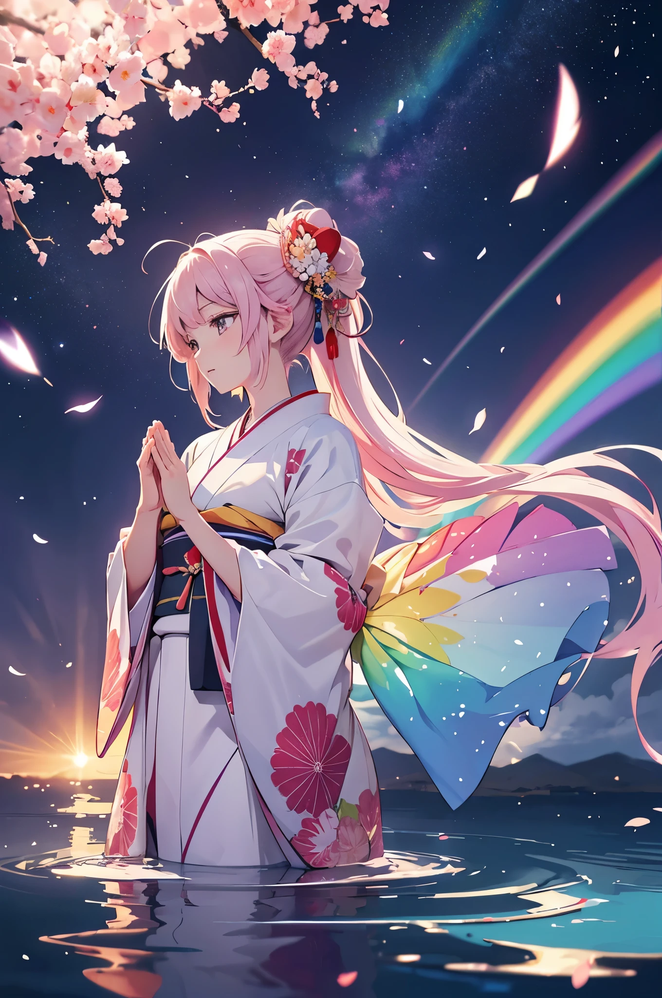 (high resolution, detailed, 4k, 8k), (anime style), delicate, beautiful girl wearing a kimono, vibrant rainbow spanning across the clear sky, gracefully praying with folded hands, youthful appearance with radiant eyes, divine presence