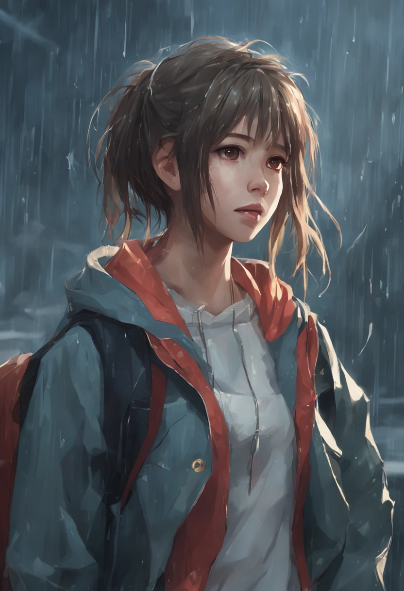 1 girl, jacket, rain, outdoor, hoodie, open jacket, chain, Backpack, Look at the other, messy hair, Popular topics on ArtStation, 8k resolution, Very detailed, anatomically correct, clear image, digital painting, concept art, Hot topics on pixiv, Makoto Shinkai's style,