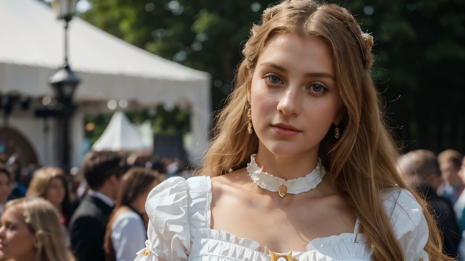 ((best quality)), ((masterpiece)), (detailed), face similar to princess diana but younger, big eyes, Russian, off white clothes Victorian style, top with princess collar, full body, age about 28 years old, 1 girl, light brown eyes, blonde hair, flowing long hair, at a festival in 2023