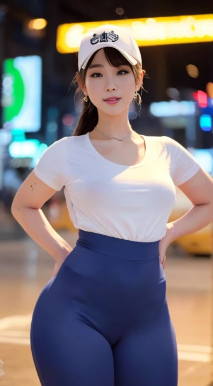 8k, masterpiece, RAW photo, best quality, photorealistic, extremely detailed CG unity 8k wallpaper, Depth of field, Cinematic Light, Lens Flare, Ray tracing, (extremely beautiful face, beautiful lips, beautiful eyes), intricate detail face, ((ultra detailed skin)) 1girl, full body, big breasts, in the dark, deep shadow, pretty korean girl, kpop idol,(very slim slender fit-muscled body), ((looking at viewer)),(big smile), (fashion city night, (neon sign), (blurry background), midnight, (vacant city), (without people in the background), pretty korean girl, white diamond earrings, dia bracelets, dia necklace, clear eyes, (pale skin), (big eyeull body shot)), (baseball cap), ((red color leggings)), (camel toe,  shape), ((T-shirt )), (ponytail), ((smile)) ((sexual pose)), pull down your leggings a little