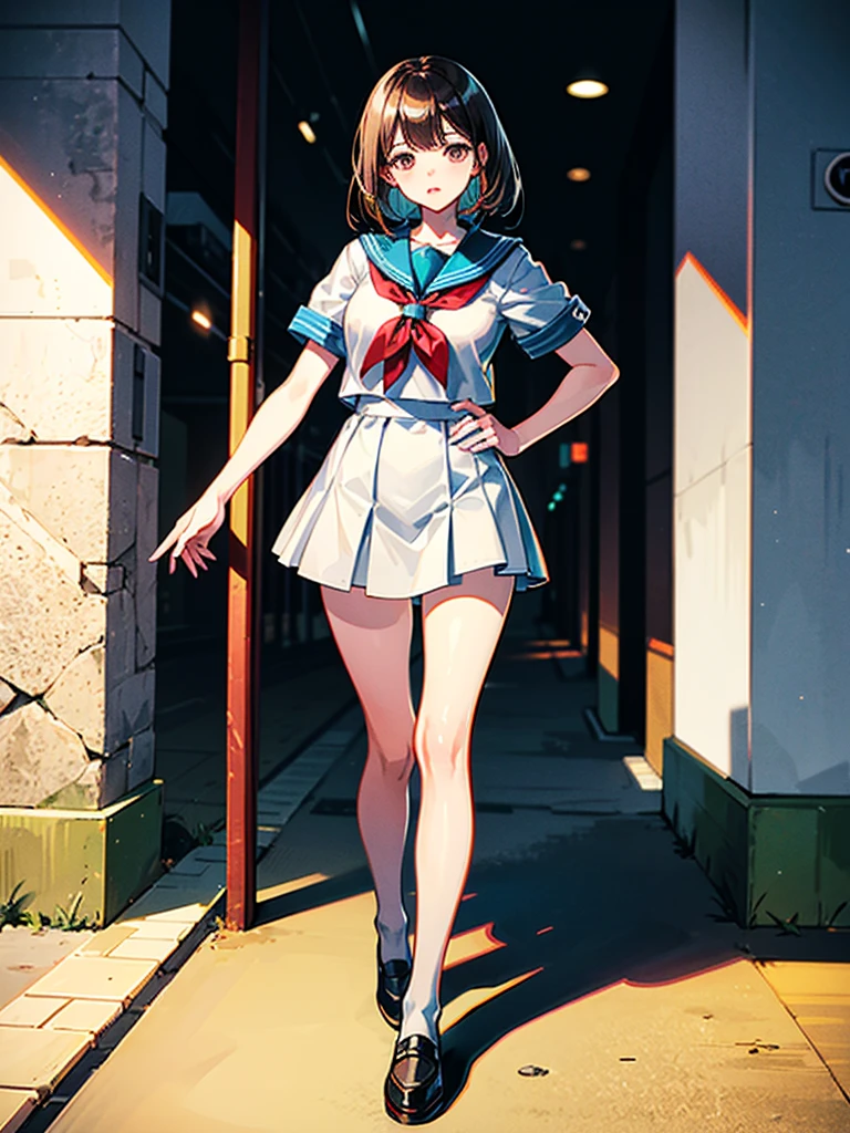 （（（masterpiece、Highest image quality、highest quality、highly detailed unity 8ｋwallpaper）））、（（Illustration of one girl））、（（（Super tall、３fold、long legs）））、high school girl、sailor suit、street corner
