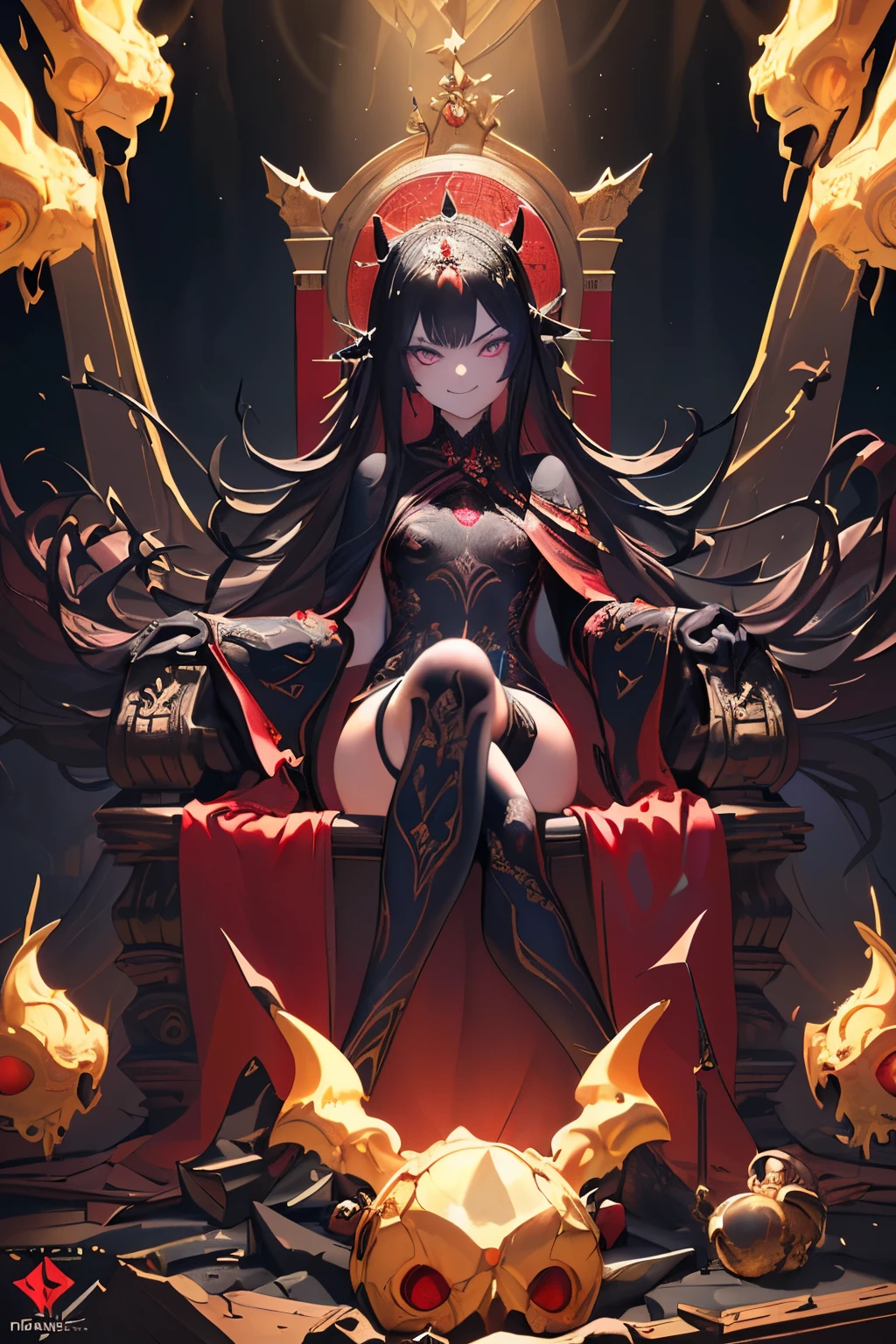 (((masterpiece))),(((best quality))),(((extremely detailed))),illustration, 1girl,solo,mysterious,dark color, matte, red underworld lair, (black hair),(red eyeull body, stocking, long hair chaos nature, skulls, ,underworld, Dome ,close up ,Dynamic actions, Lens perspective,(((Box composition))),sit cross-legged and lean against the throne, volumetric lighting, multi-color eyes, detailed eyes, hyper detailed, evil smile, highly detailed, beautiful, small details, ultra detailed, best quality, intricate, 4k, 8k, trending on artstation, good anatomy, beautiful lighting, award-winning, (((high quality))), full body