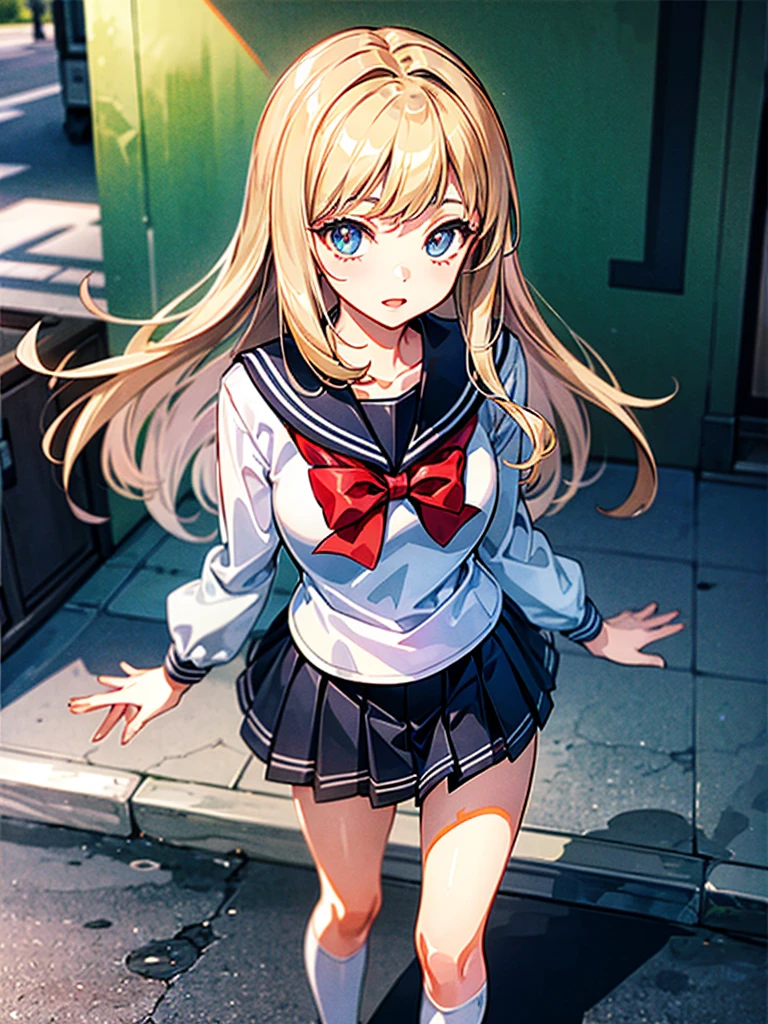(((masterpiece、Highest image quality、highest quality、highly detailed unity 8kwallpaper)))、((Illustration of one girl))、high school girl、sailor suit、street corner
