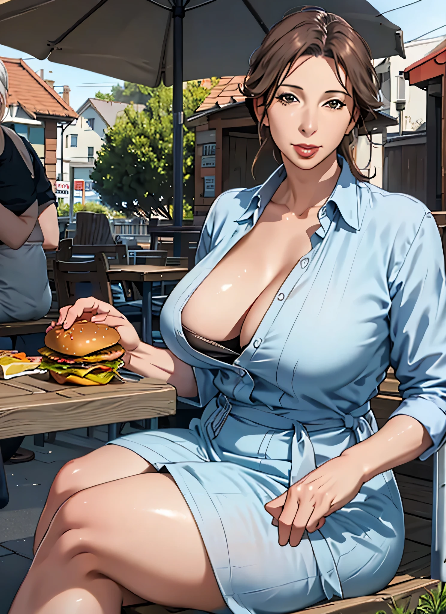 realistic,outdoors,
a photo of a mature female with large breasts eating burger, sitting,table,
