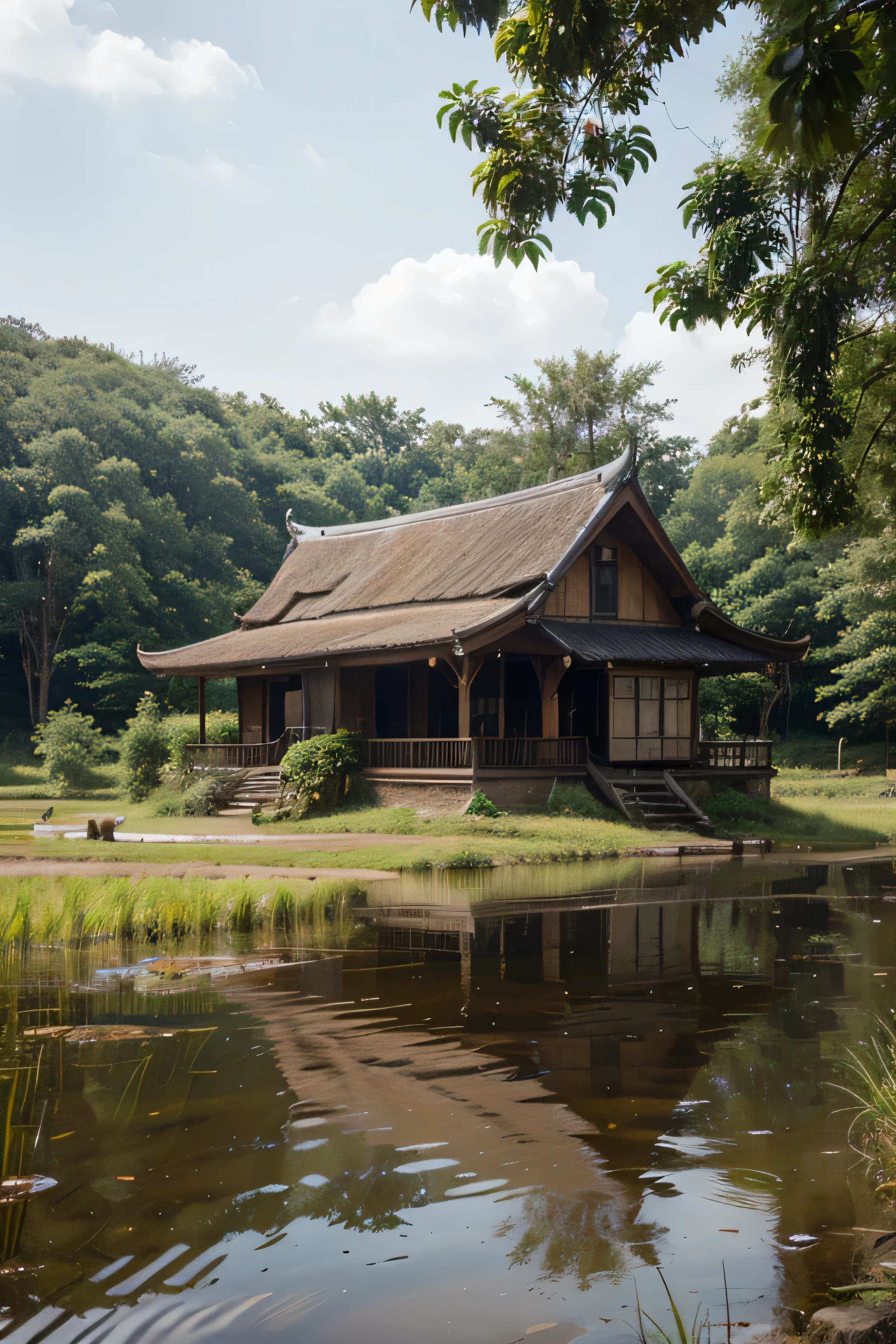 Wooden house, paddy field, mid day, thai architecture, high quality, detail, pond, small bridge