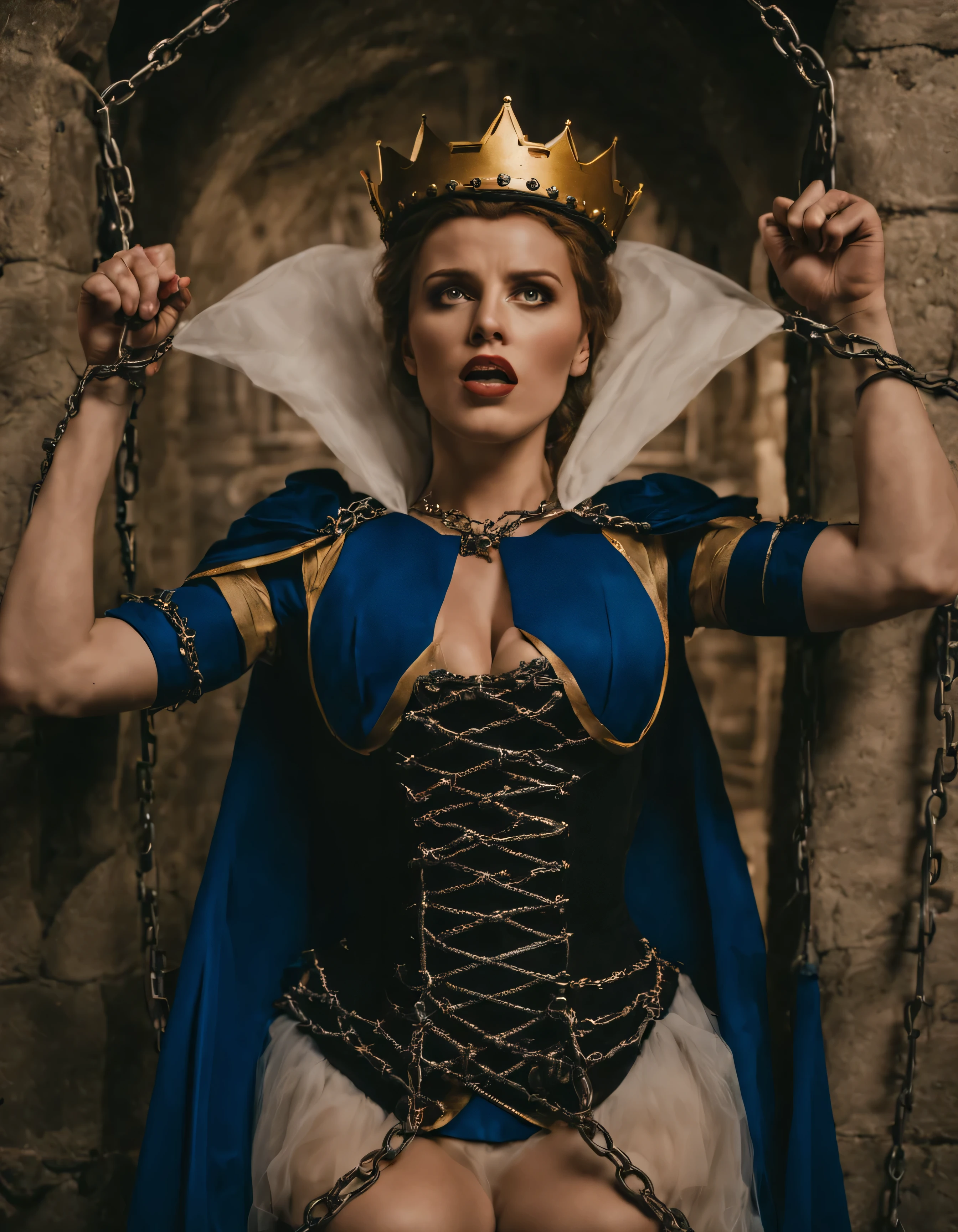 cinematic film still of Evil Queen (tongue out)  a close shot of massive cleavage woman (ahegao) in a golden crown and blue costume is tied up in a prison cell with rusty silver chains in middle ages in 1500s 15th century, shallow depth of field, vignette, highly detailed, high budget, bokeh, cinemascope, moody, epic, gorgeous, film grain, grainy, high saturation