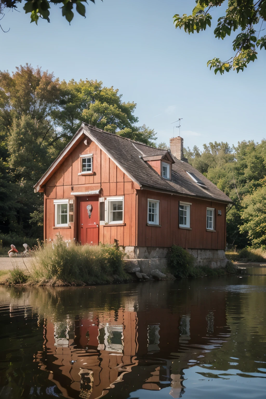 Beautiful small house, red door, by the lake, from far, reflection, sigma 400mm, high quality, realistic, in the forest