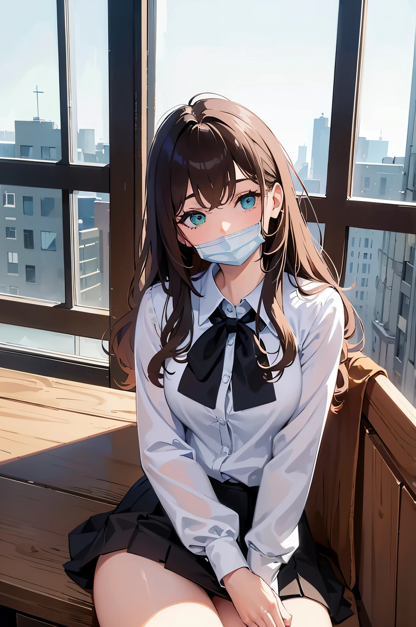 (Masterpiece:1.2, high quality), (pixiv:1.4), (1girl:1.2), (solo:1.2), beautiful caucasian woman, pale skin, (face mask), detailed green eyes, (detailed eyes), wavy hair, asymmetric hair, banglush:1.2), (looking away), looking sideways, detailed neck, collabone, school uniform, (unbuttoned shirt), brown skirt, bare thighs, sitting beside window, windowsill, professional photography, vivid colors, soft lighting, high contrast, intrinsic details, natural beauty, aesthetic indoors, classroom, artistic details, (detailed face), ultra-detailed, 4k, HD, (white highres:1.5),