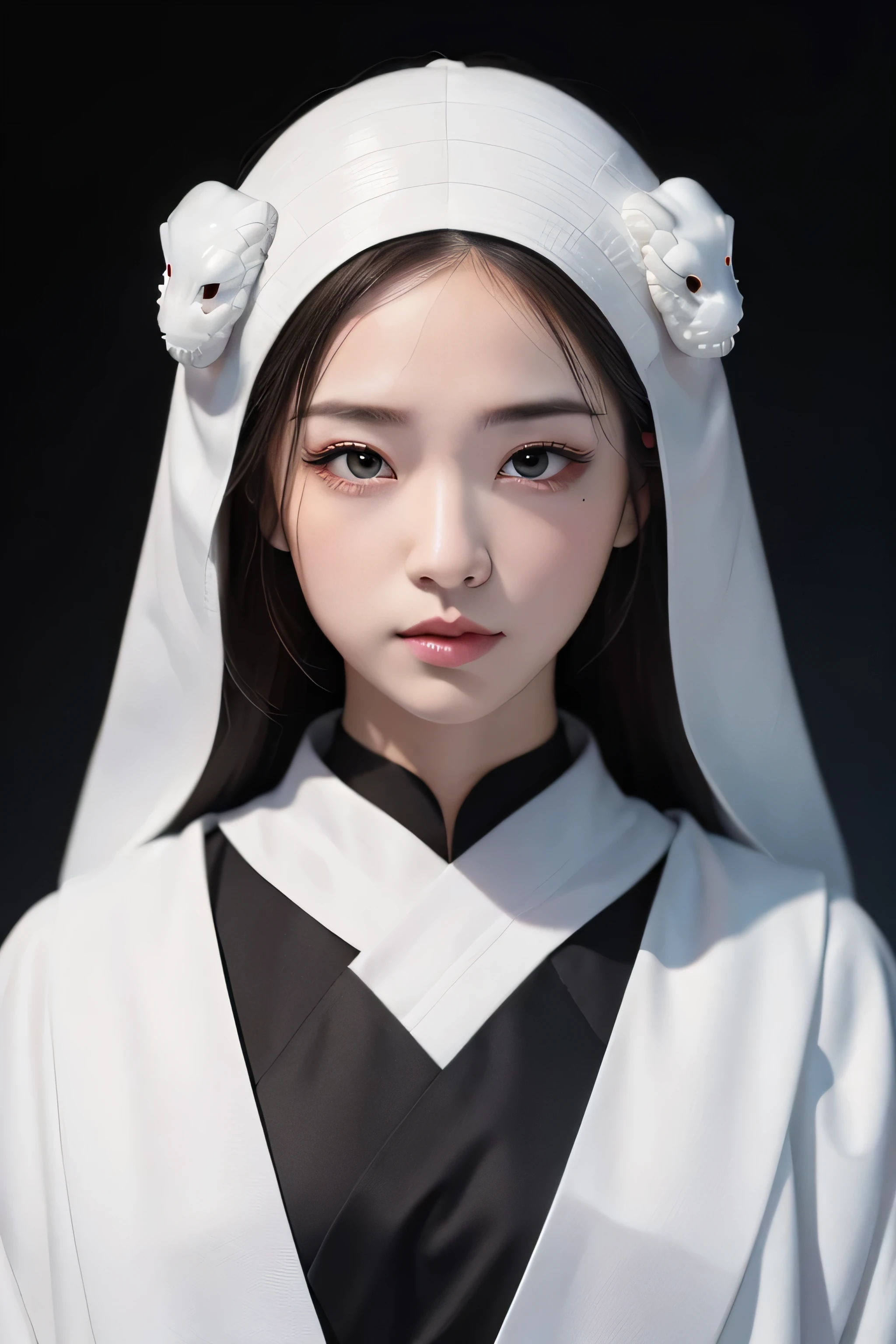 masterpiece, highest quality, 8k, 4k, one white snake, black eye, temple, front図, front, head shot, one head, pure white snake,