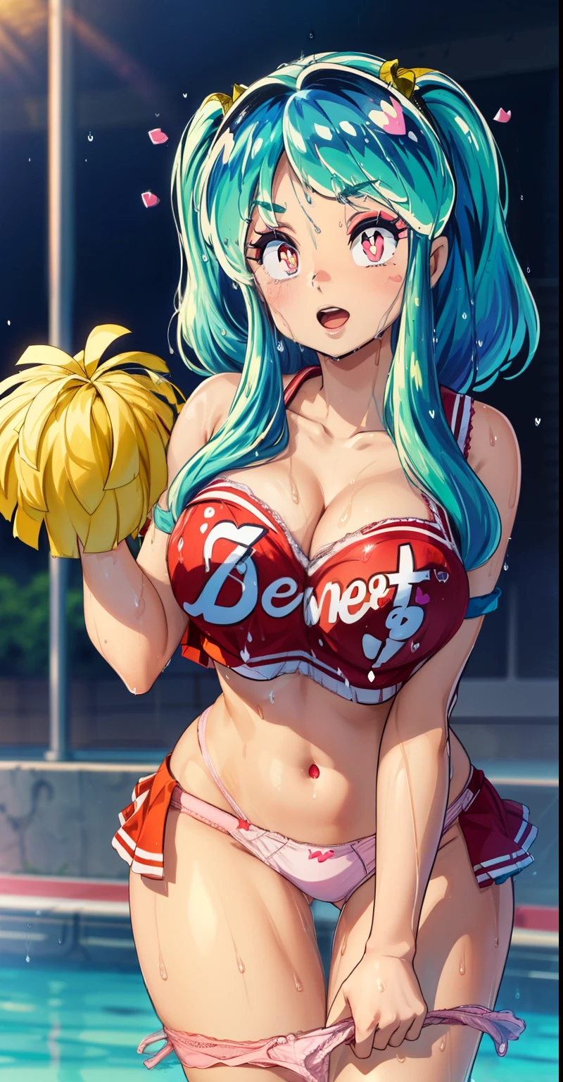 ram invader, detailed breasts, anime dick, (cheerleader: 1.2), （white panties:1.4）,muste piece, best quality, open mouth, tooth, ultra-detailed breasts, Yellow eyes, cute eyes, detailed face, a cute girl, big chest, red face, (wet with water: 1.2), Generally poor breasts, areola slip, (Position where panties are visible:1.5), (beautiful breasts: 1.2), (with a bright light source: 1.2), (heart shaped pupils opening their clothes: 1.5)