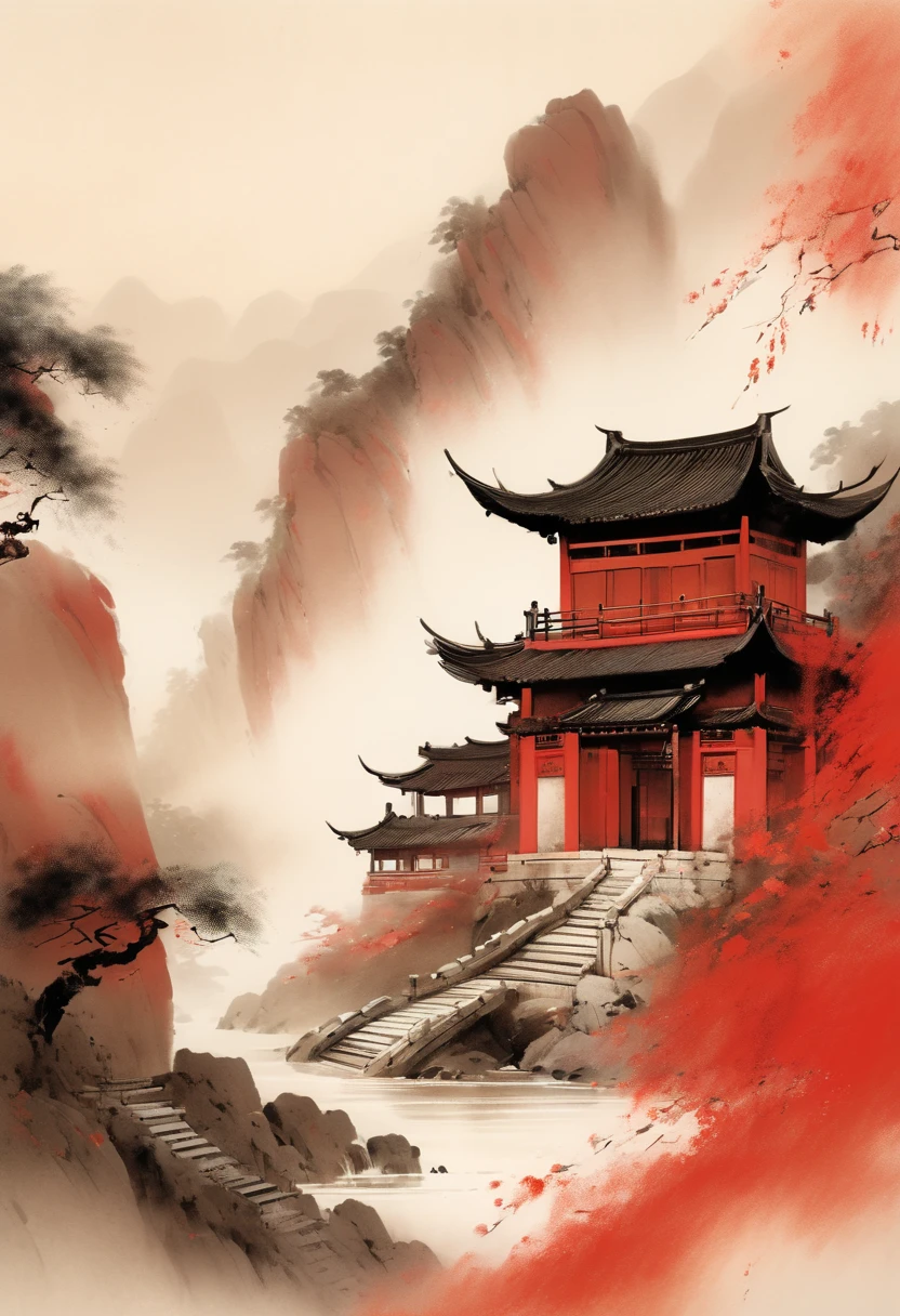 Chinese landscape, Chinese Traditional architecture, Oriental , zen, by Stephen Gammell, by Alessandro Gottardo, Ancient Chinese temples, Chinese ancient pagoda, Waterfall, red background, The color matching of black, white and red, 8K Resolution